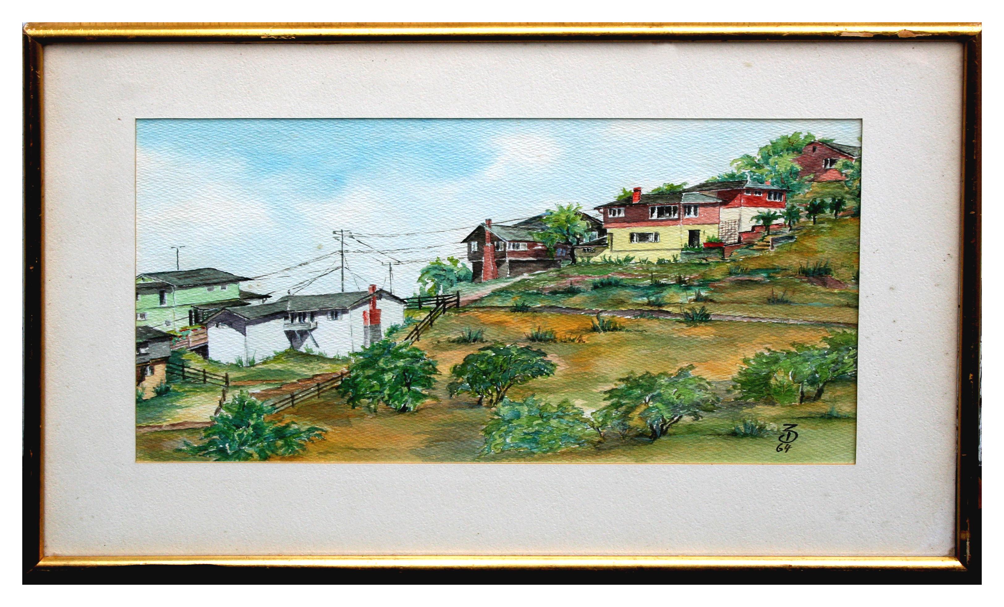 Acuarela Paisaje urbano costero de mediados de siglo