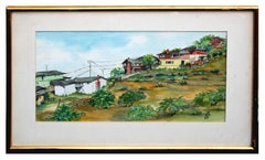 Mid Century Coastal Town Landscape Watercolor