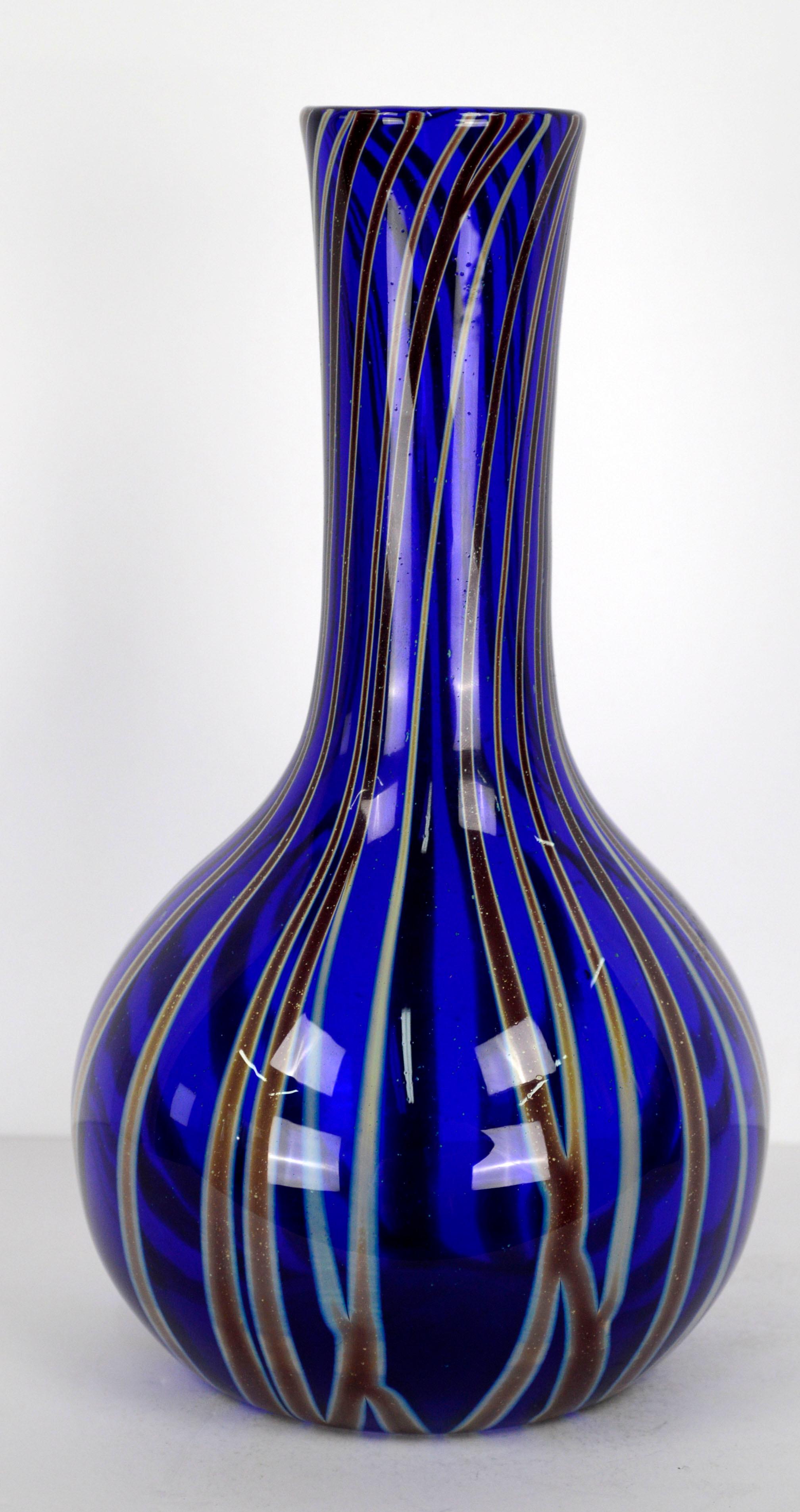 American Zellique Art Glass, Cobalt Blue Modern Striped Vase