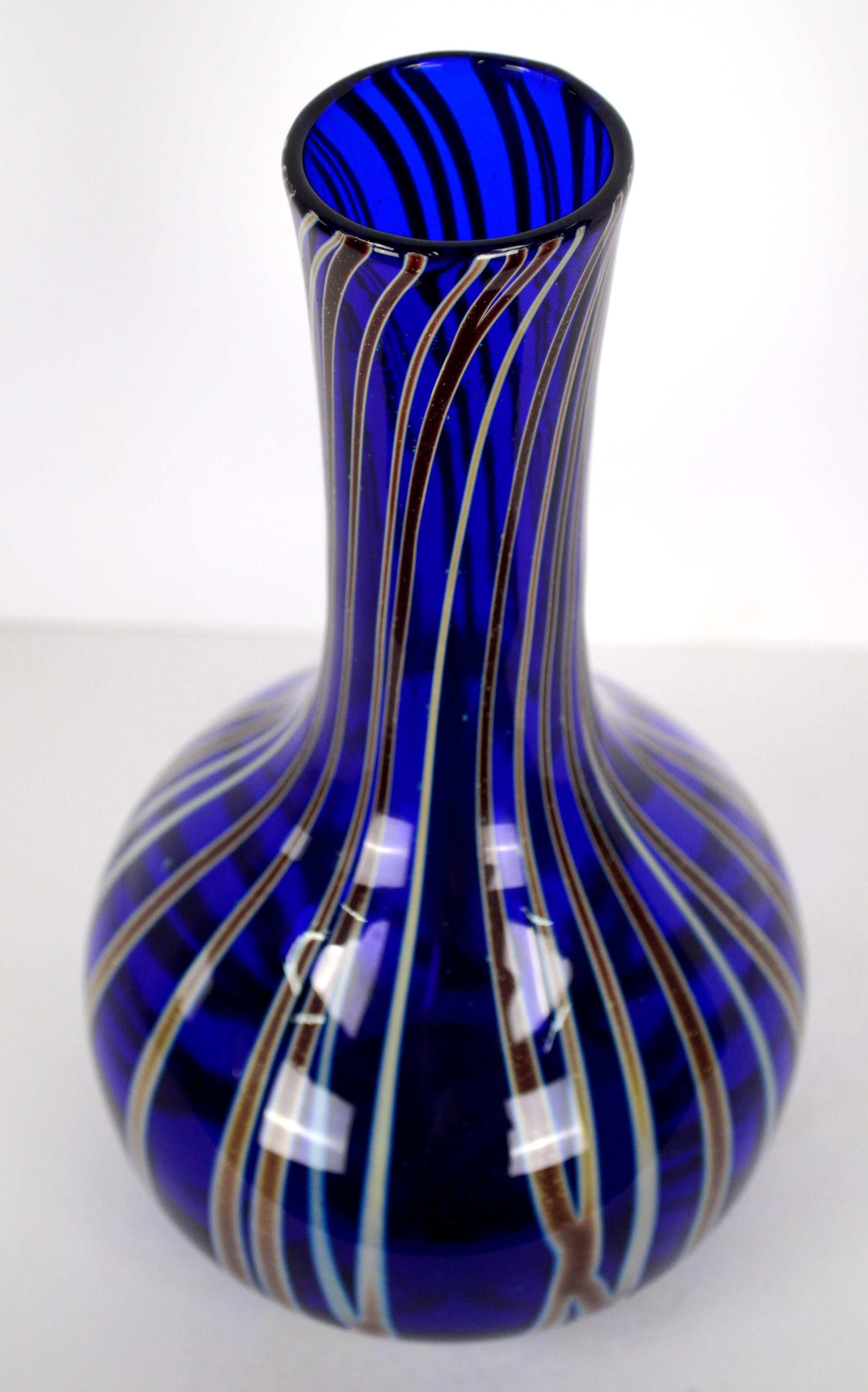 Hand-Crafted Zellique Art Glass, Cobalt Blue Modern Striped Vase