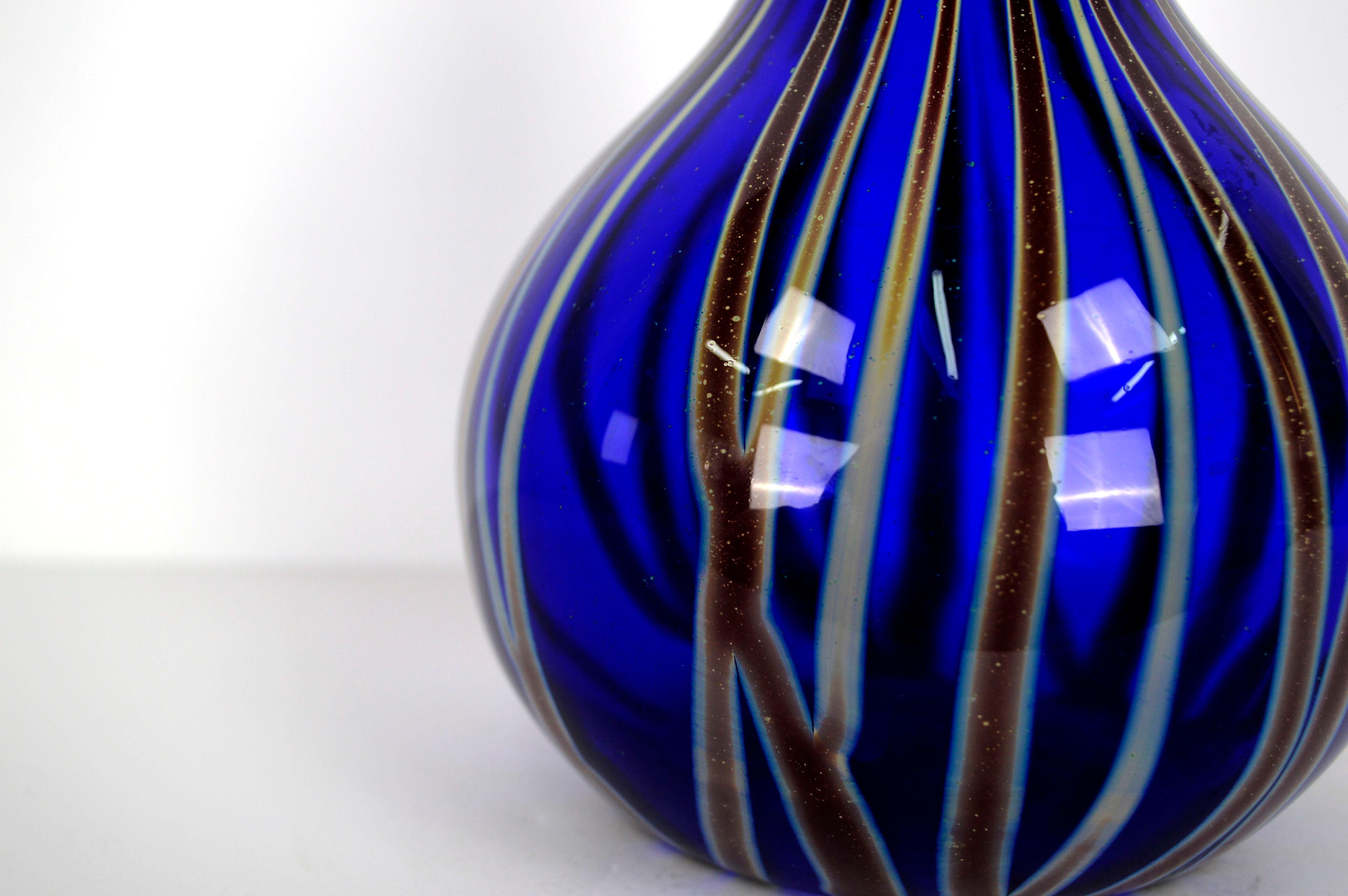 Zellique Art Glass, Cobalt Blue Modern Striped Vase In Good Condition In Soquel, CA