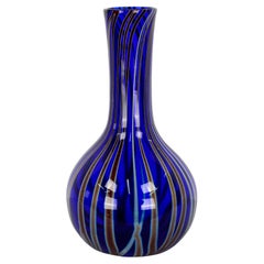 Vintage Zellique Art Glass, Cobalt Blue Modern Striped Vase