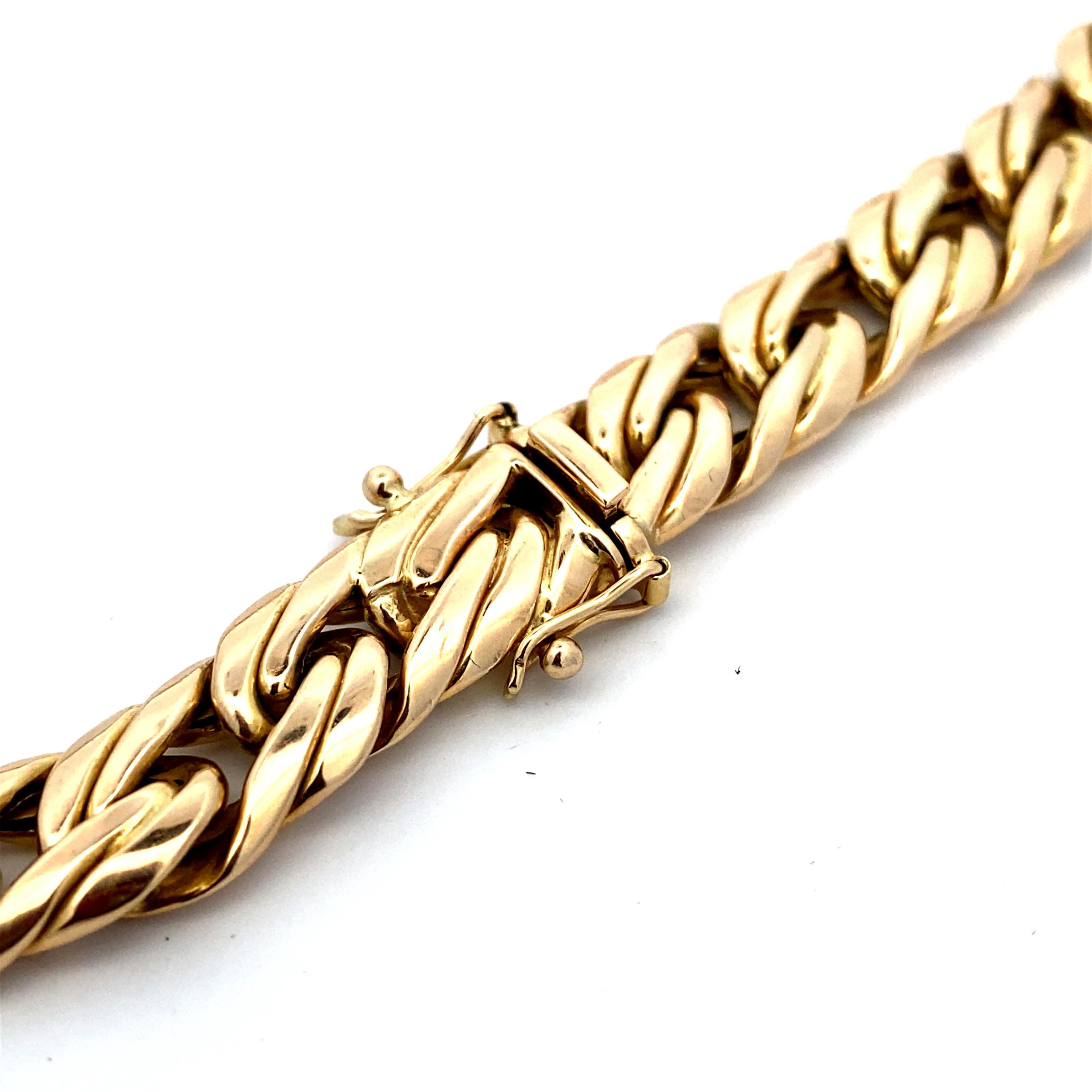 Established in the early 1960's Zelman and Friedman (NYC) have been producing extremely well-made gold jewelry including chains like this. Stamped 14k Z & F. The links are graduated in size from 9mm to 15.5mm at the center. A hollow construction