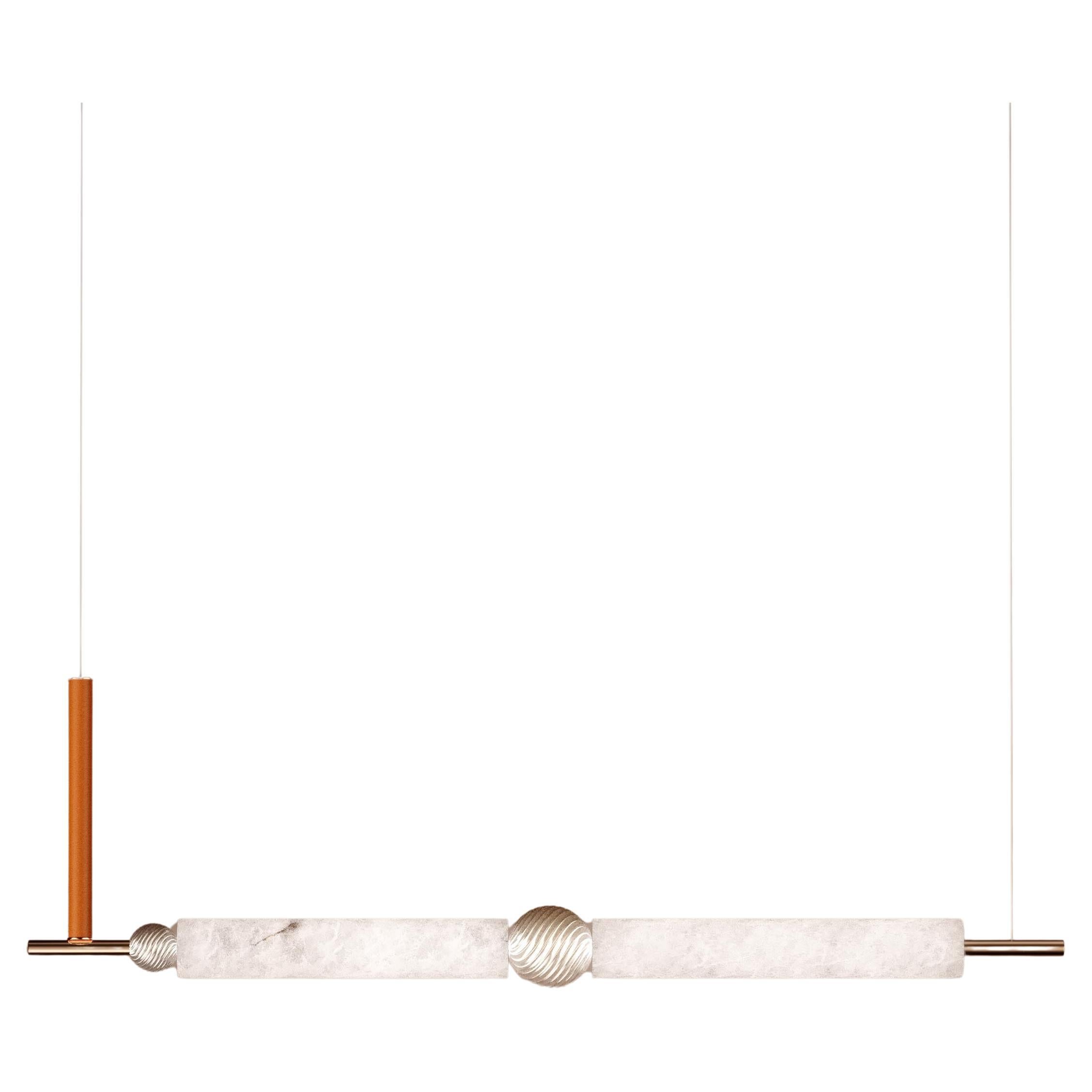 Lampada a sospensione Zen Beam con elemento in pelle marrone Sahara di Alabastro Italiano in vendita