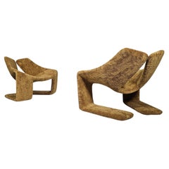 "Zen" lounge chairs in camel color teddy fabric by Kwok Hoi Chan, Steiner, 1970