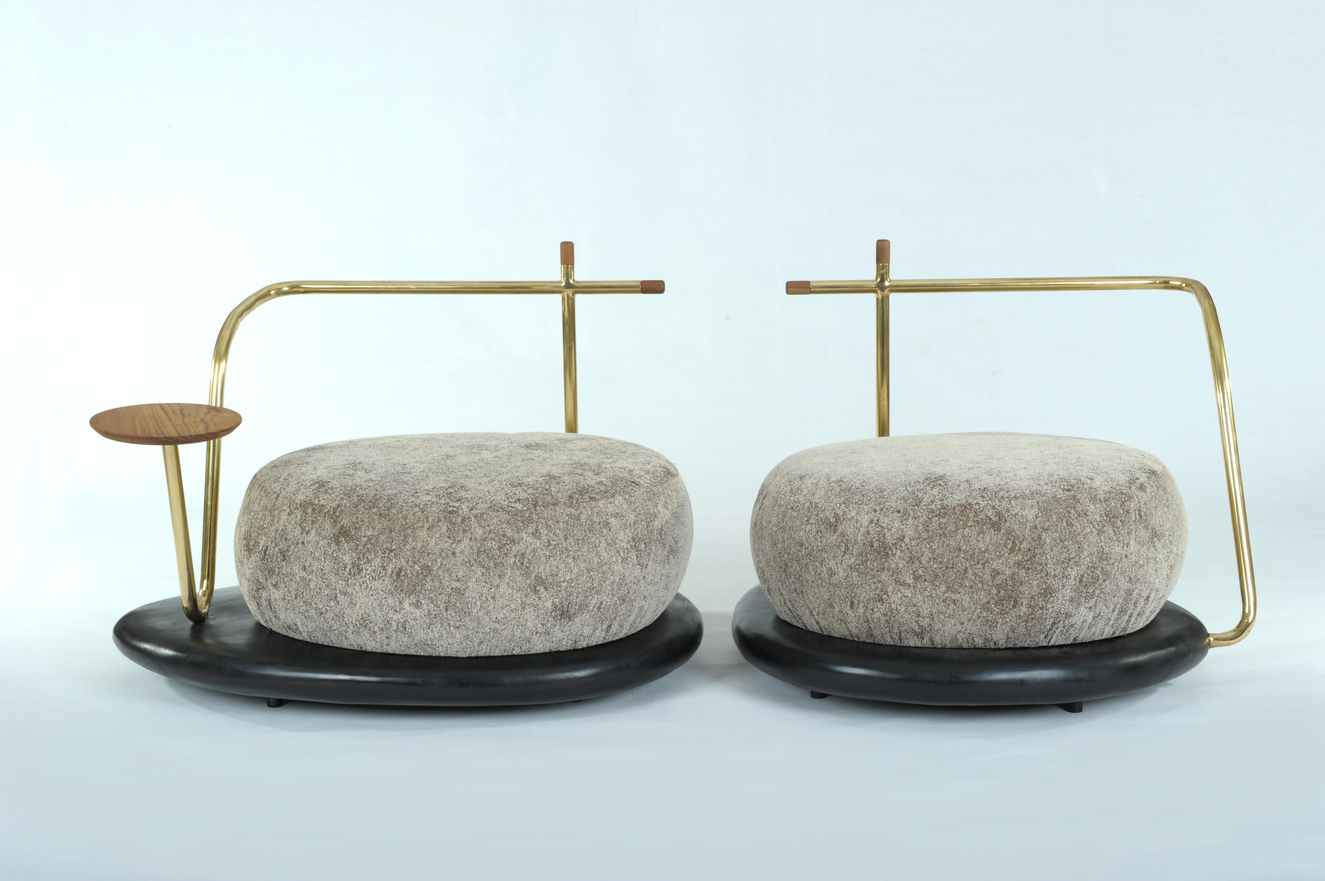 Zen pouffe, Misaya
Dimensions: W 58 x L 58 x H 24 cm
Hand-sculpted Pouffe
Materials: Brass, teak, wood.
Dimensions: 90 x 72 x 72 cm.