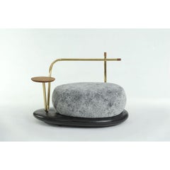 Zen Stone 'A' Stool – Grey Upholstered Seat with Teak & Brass Accents by Misaya