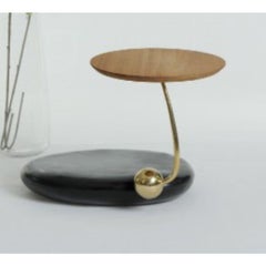 Zen Stone 'C' Stool – Grey Upholstered Seat with Teak & Brass Accents by Misaya
