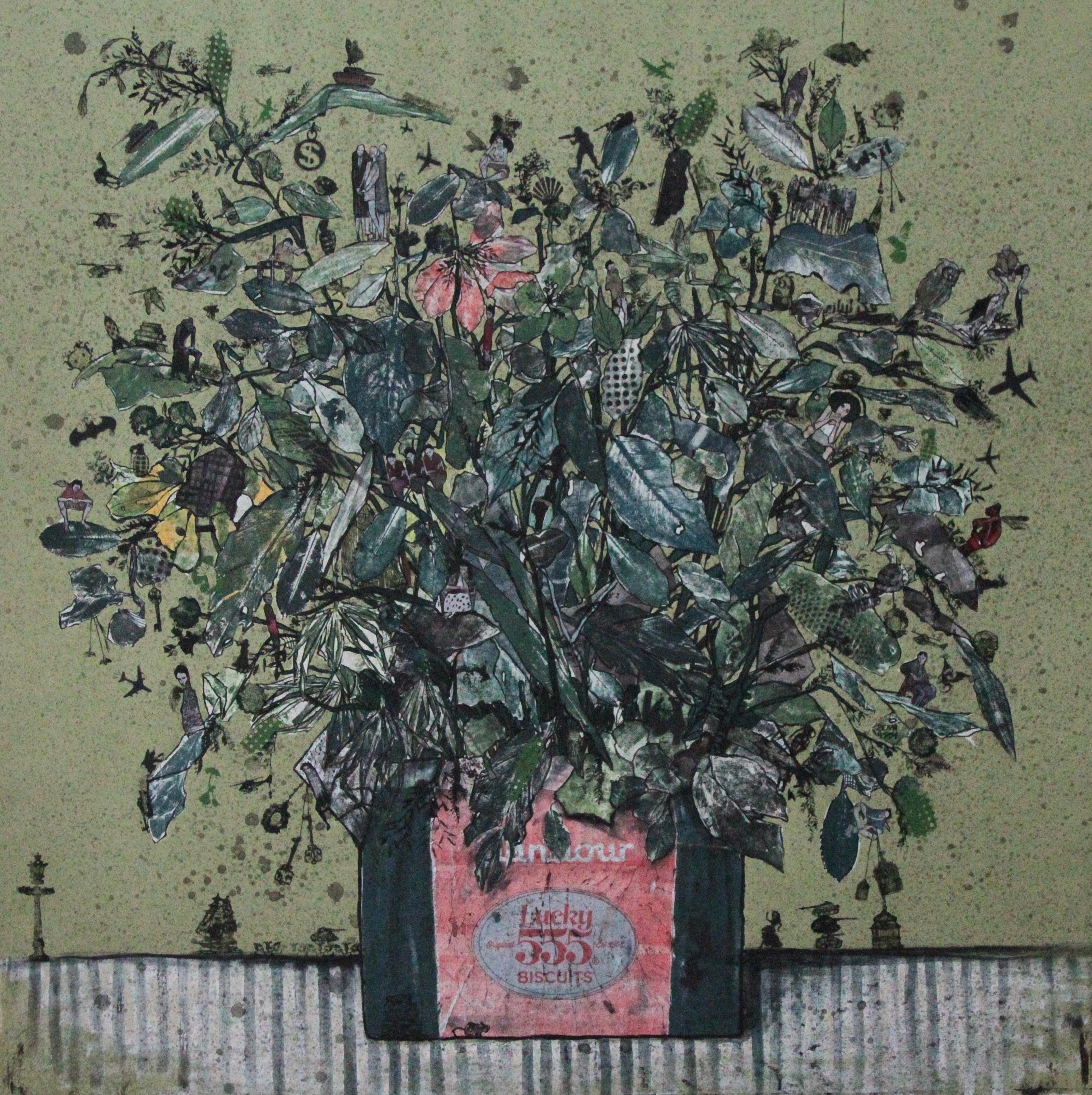 Zena Assi Still-Life Painting - Put it in a Ghandour 555 Biscuit Box 2 - Painting, Mixed media on canvas