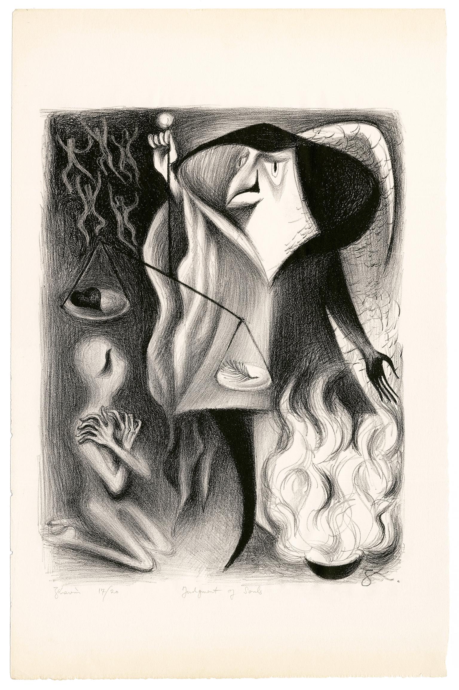 'Judgment of Souls' — 1930s Surrealist Fantasy - Print by Zena Kavin