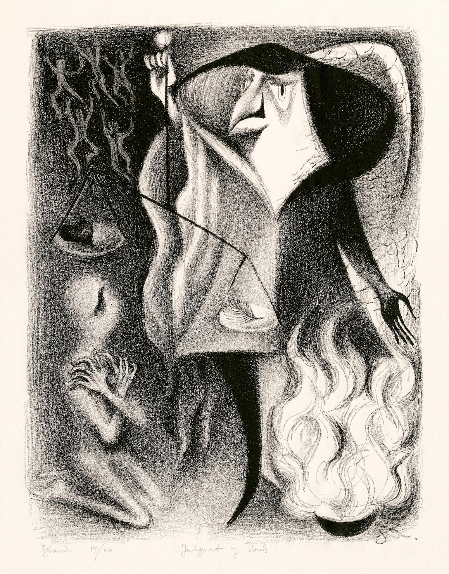Zena Kavin Figurative Print – Das Urteil der Seelen" - Surrealistische Fantasie der 1930er Jahre