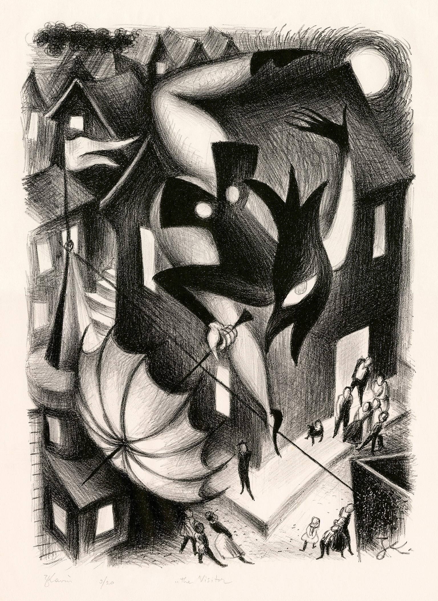 Zena Kavin Figurative Print – The Visitor" - Surrealistische Fantasie der 1930er Jahre