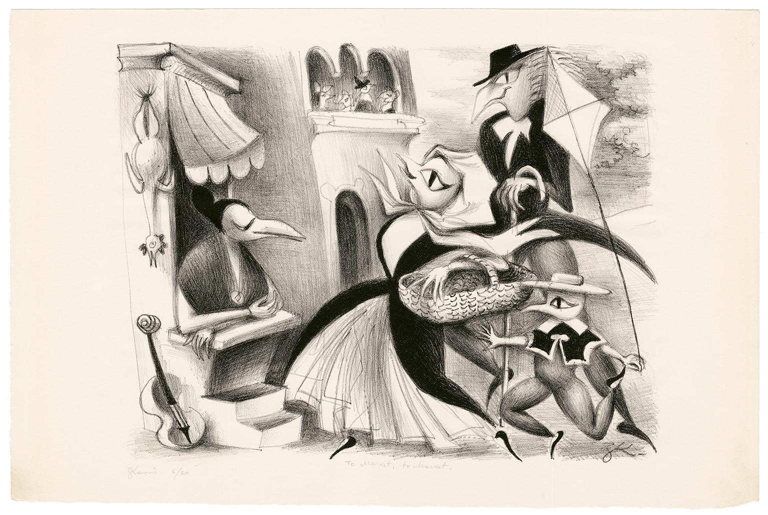 'To Market, to Market' — 1930s Surrealist Fantasy - Print by Zena Kavin