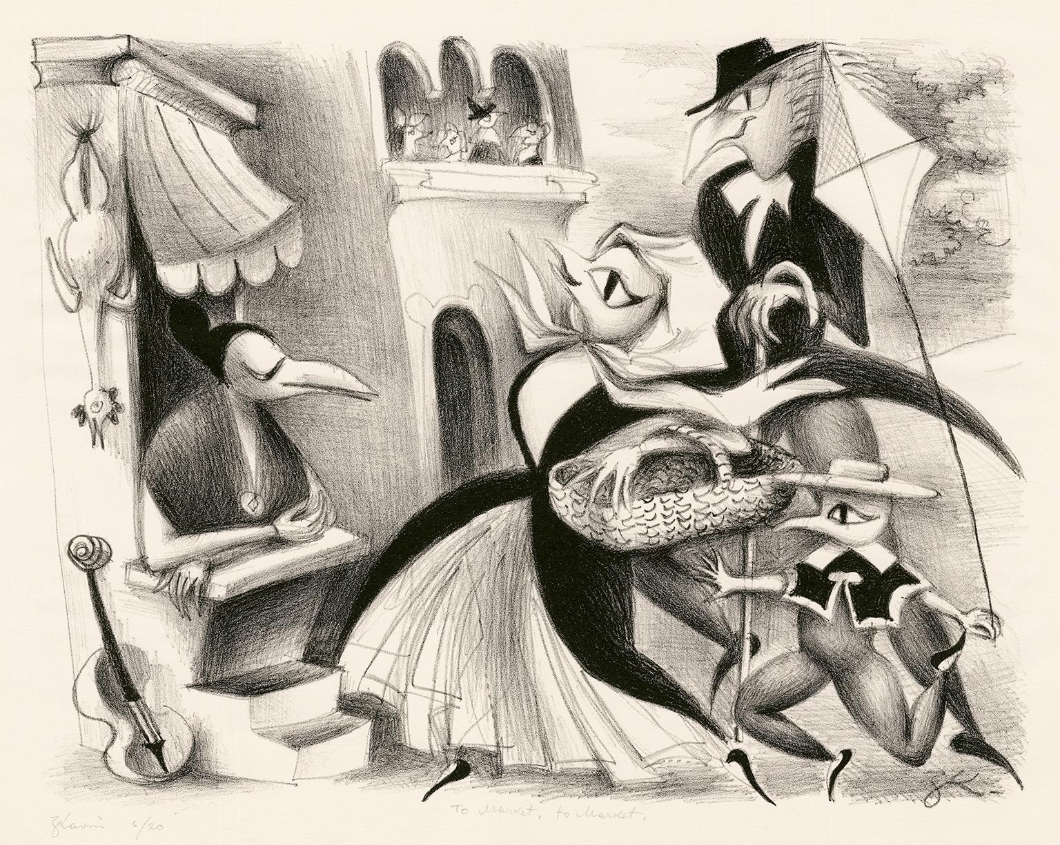 Zena Kavin Figurative Print – Zu Markt, zu Markt" - Surrealistische Fantasie der 1930er Jahre