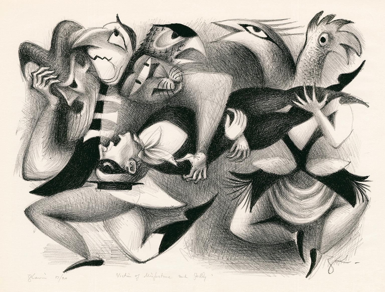 Figurative Print Zena Kavin - Victime du malheur et de la folie" - Fantaisie surréaliste des années 1930