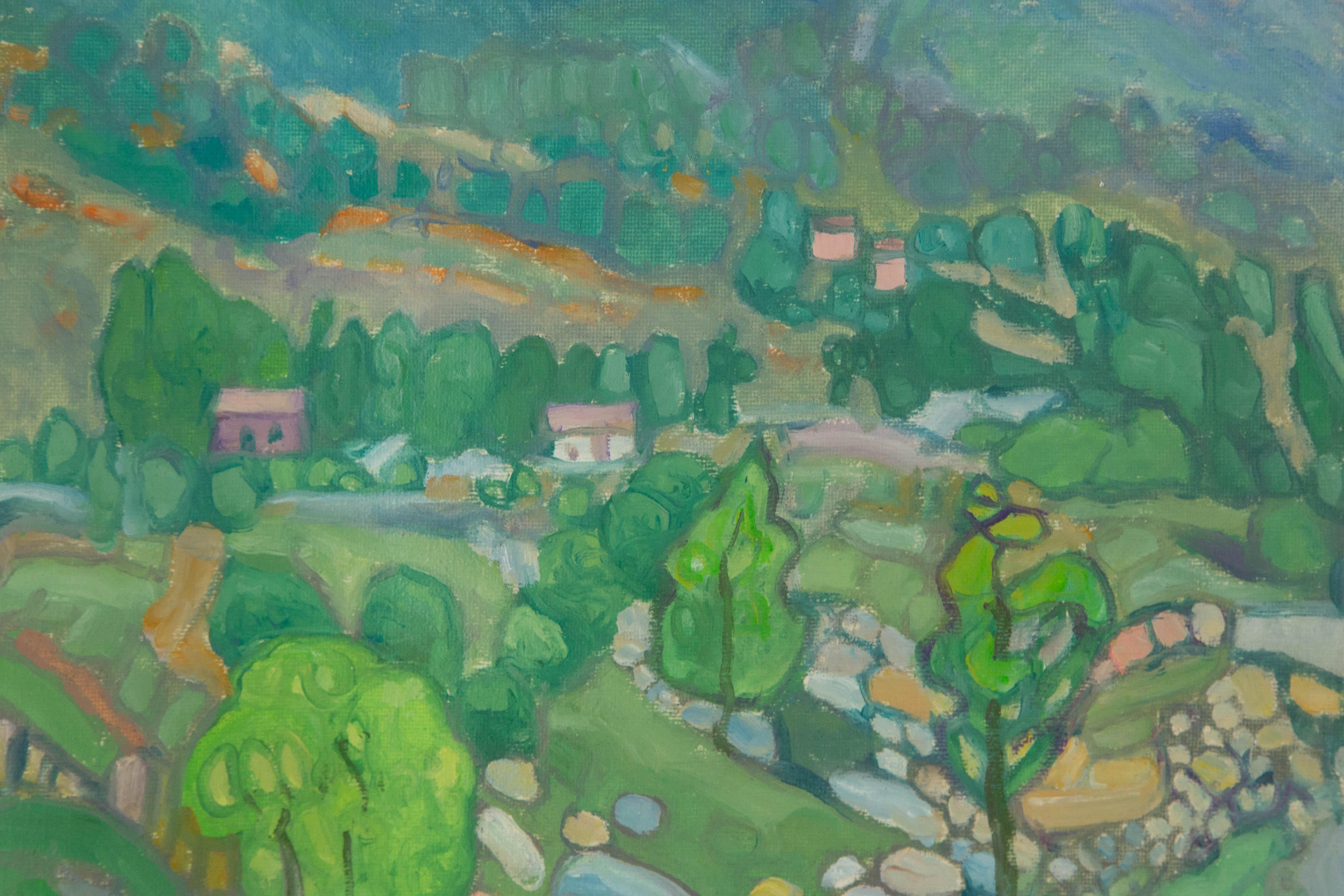  Title: Green mountains
 Medium: Oil on canvas
 Size: 15.75 x 12 inches
 Frame: Framing options available!
 Condition: The painting appears to be in excellent condition.
 Note: This painting is unstretched, shipped rolled unless stretching/framing