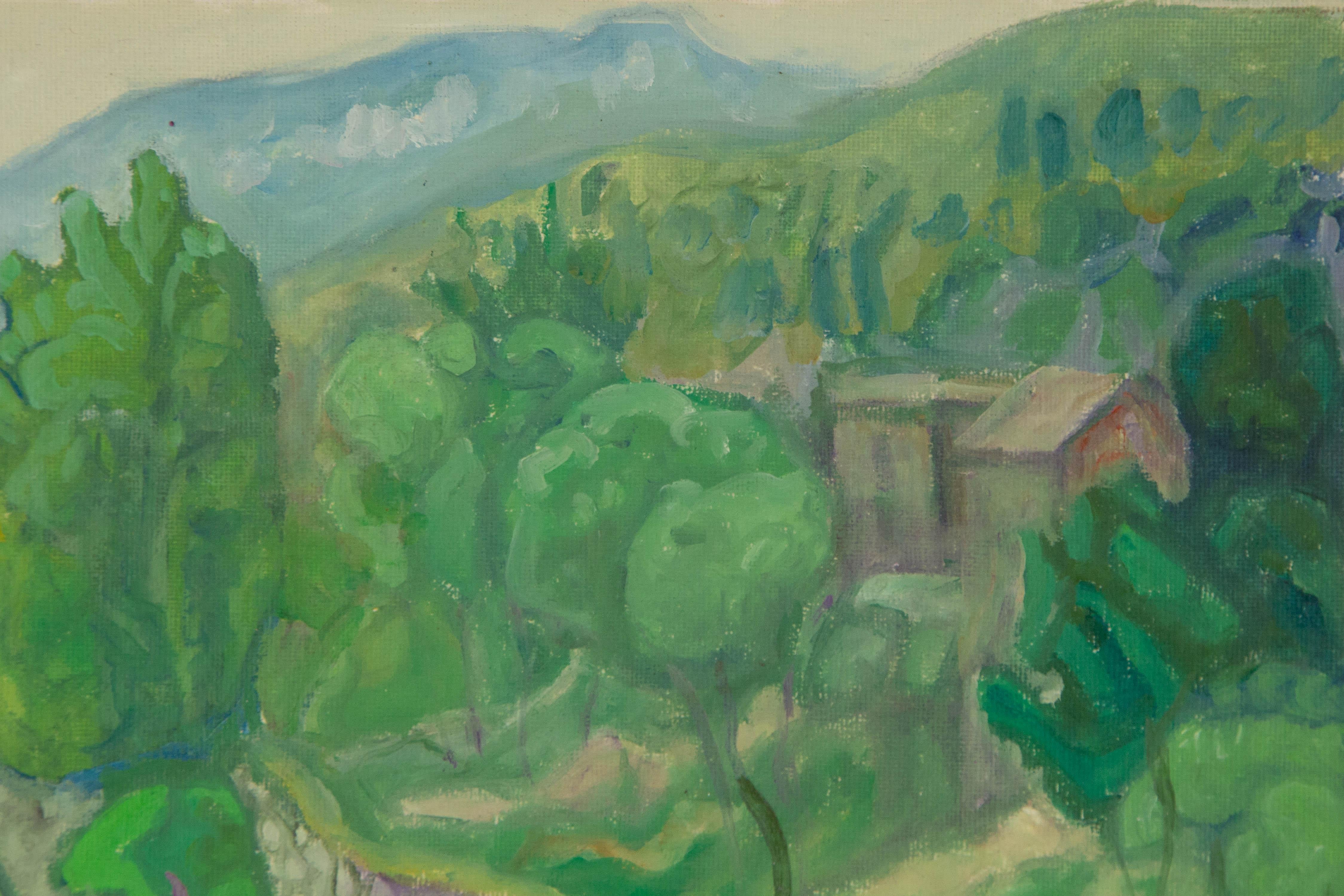  Titel: Gebirgsdorf
 Medium: Öl auf Leinwand
 Größe: 11,75 x 15,75 Zoll
 Rahmen: Einrahmungsmöglichkeiten vorhanden!
 Zustand: Das Gemälde scheint in ausgezeichnetem Zustand zu sein.
 Hinweis: Dieses Gemälde ist nicht aufgespannt und wird gerollt