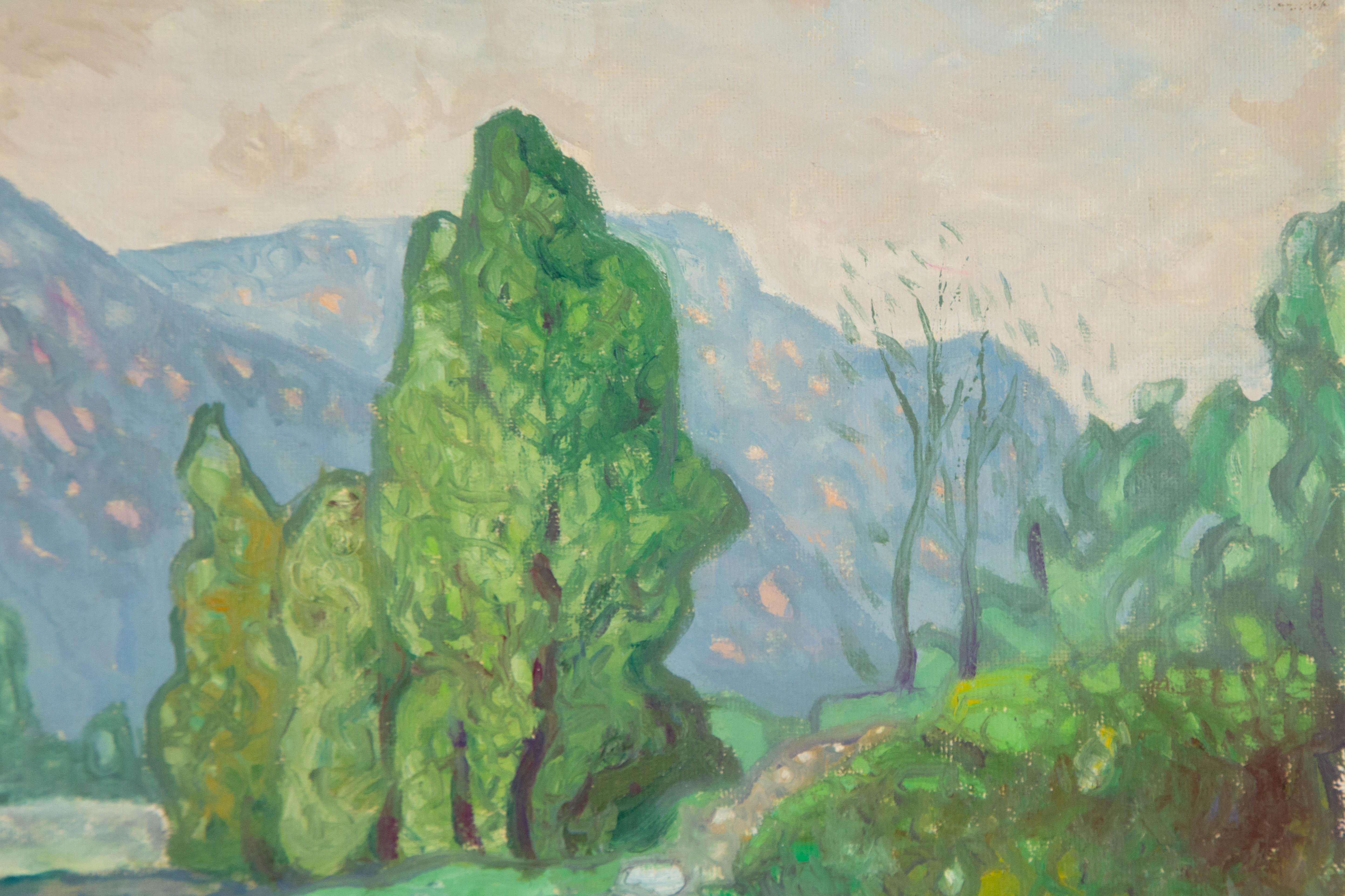  Title: River and Mountain
 Medium: Oil on canvas
 Size: 12 x 16 inches
 Frame: Framing options available!
 Condition: The painting appears to be in excellent condition.
 Note: This painting is unstretched, shipped rolled unless stretching/framing