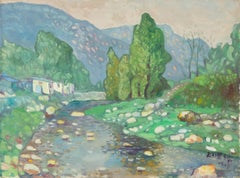 Zengxu Zhao Landscape Original Oil On Canvas "River and Mountain" (Rivière et montagne)