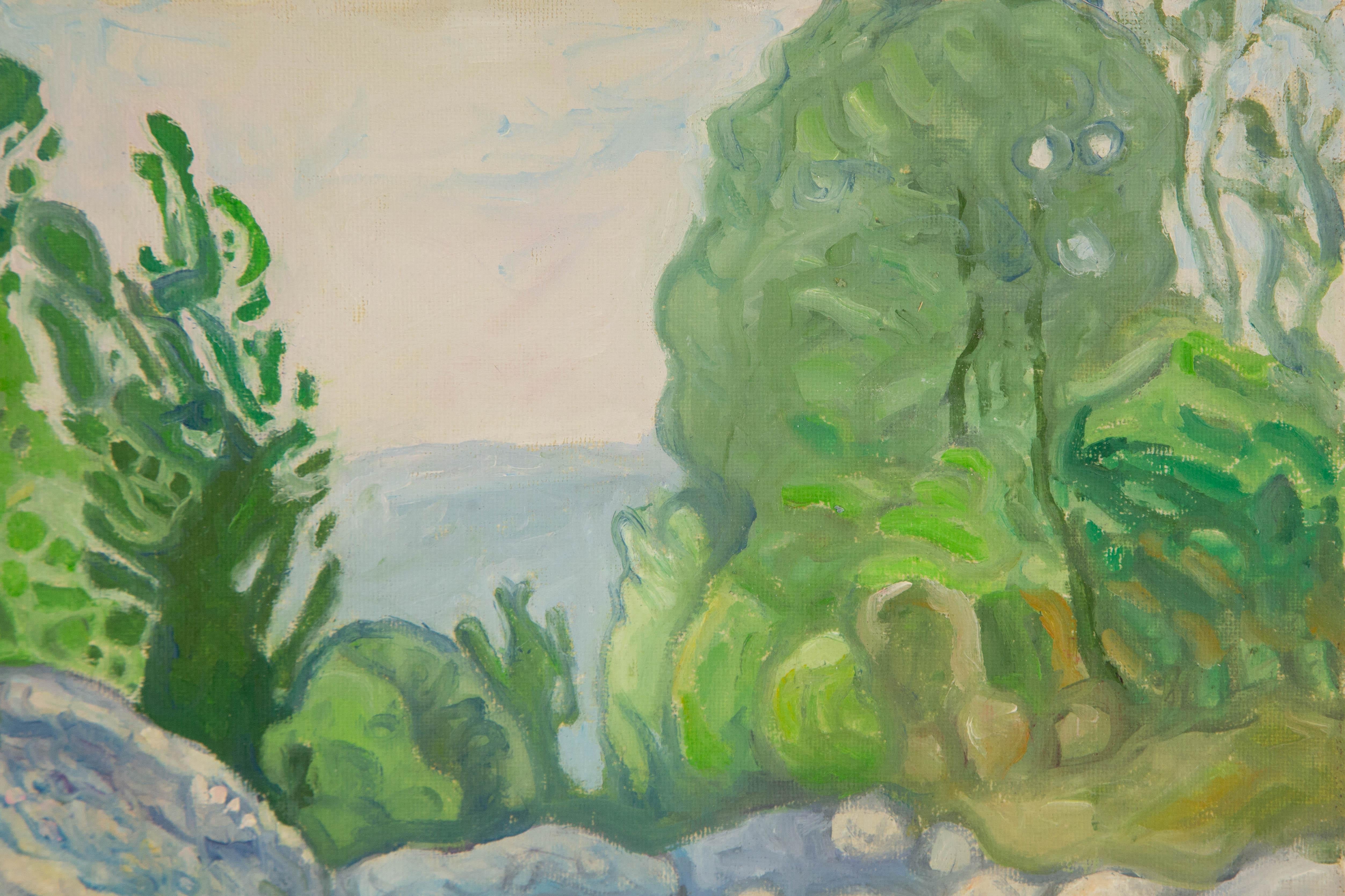  Title: River and Mountain III
 Medium: Oil on canvas
 Size: 12 x 15.75 inches
 Frame: Framing options available!
 Condition: The painting appears to be in excellent condition.
 Note: This painting is unstretched, shipped rolled unless