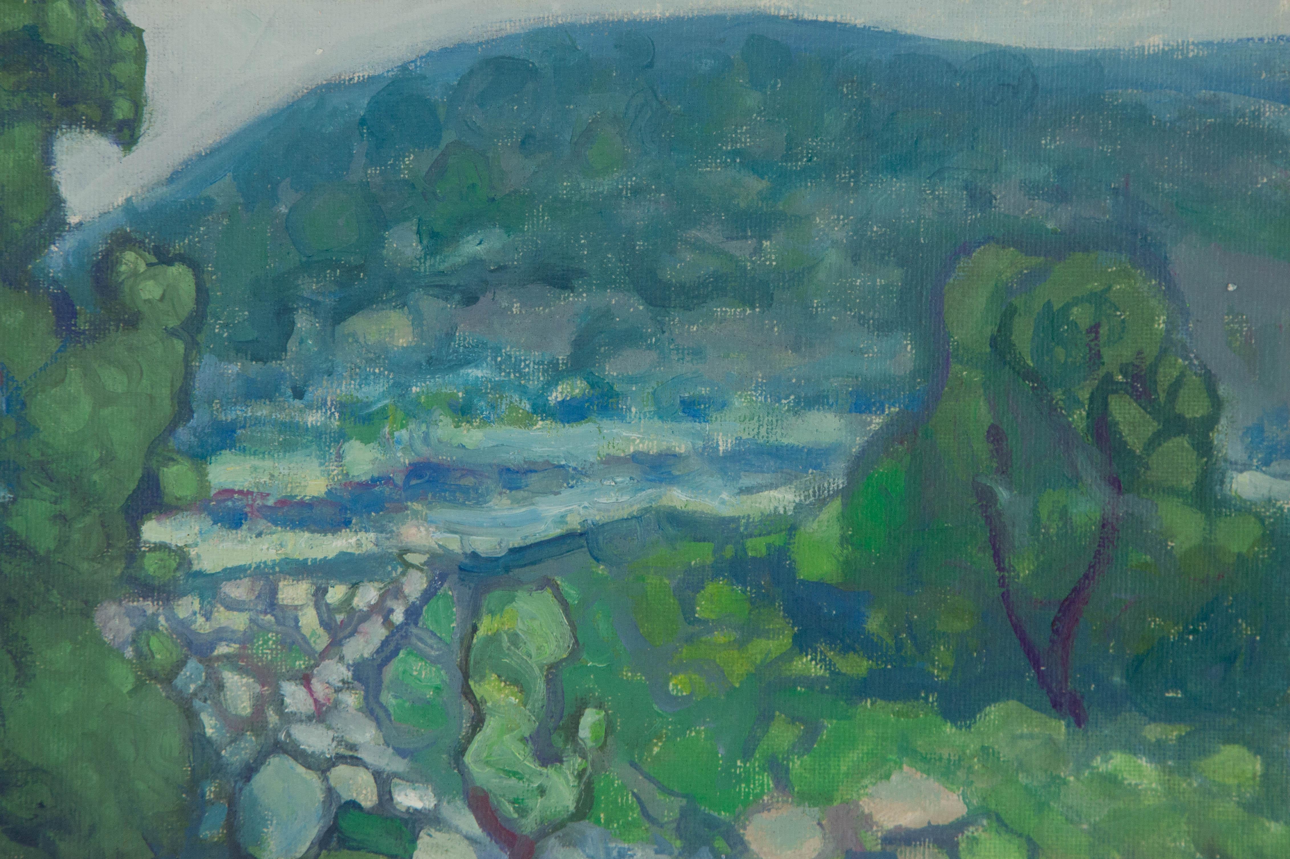  Title: Riverside
 Medium: Oil on canvas
 Size: 12 x 15.75 inches
 Frame: Framing options available!
 Condition: The painting appears to be in excellent condition.
 Note: This painting is unstretched, shipped rolled unless stretching/framing is