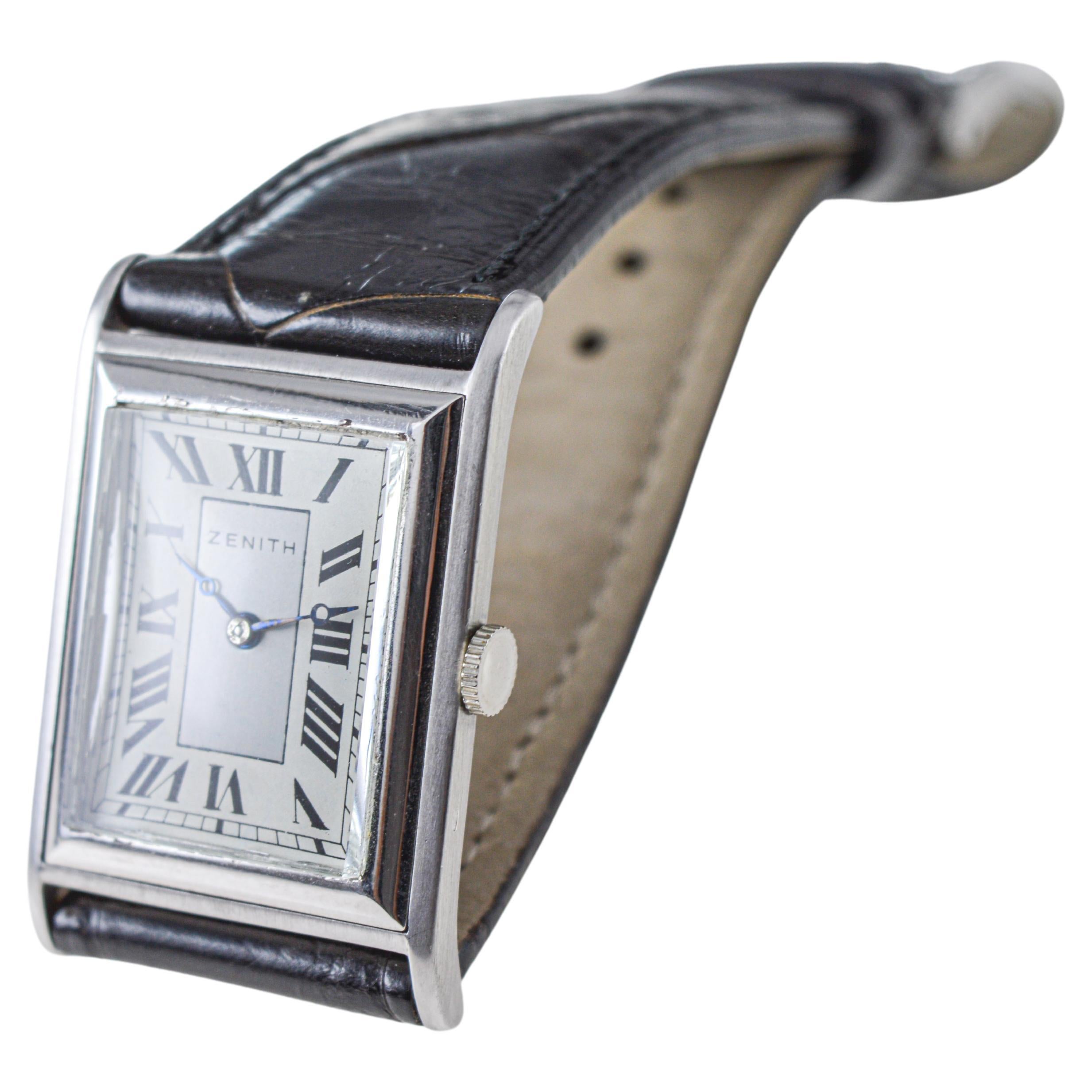 Zenith 18 Karat White Gold Art Deco Tank Style Watch, circa 1930s For Sale 4