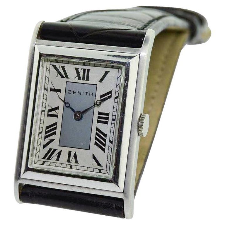 Zenith 18 Karat White Gold Art Deco Tank Style Watch, circa 1930s For Sale