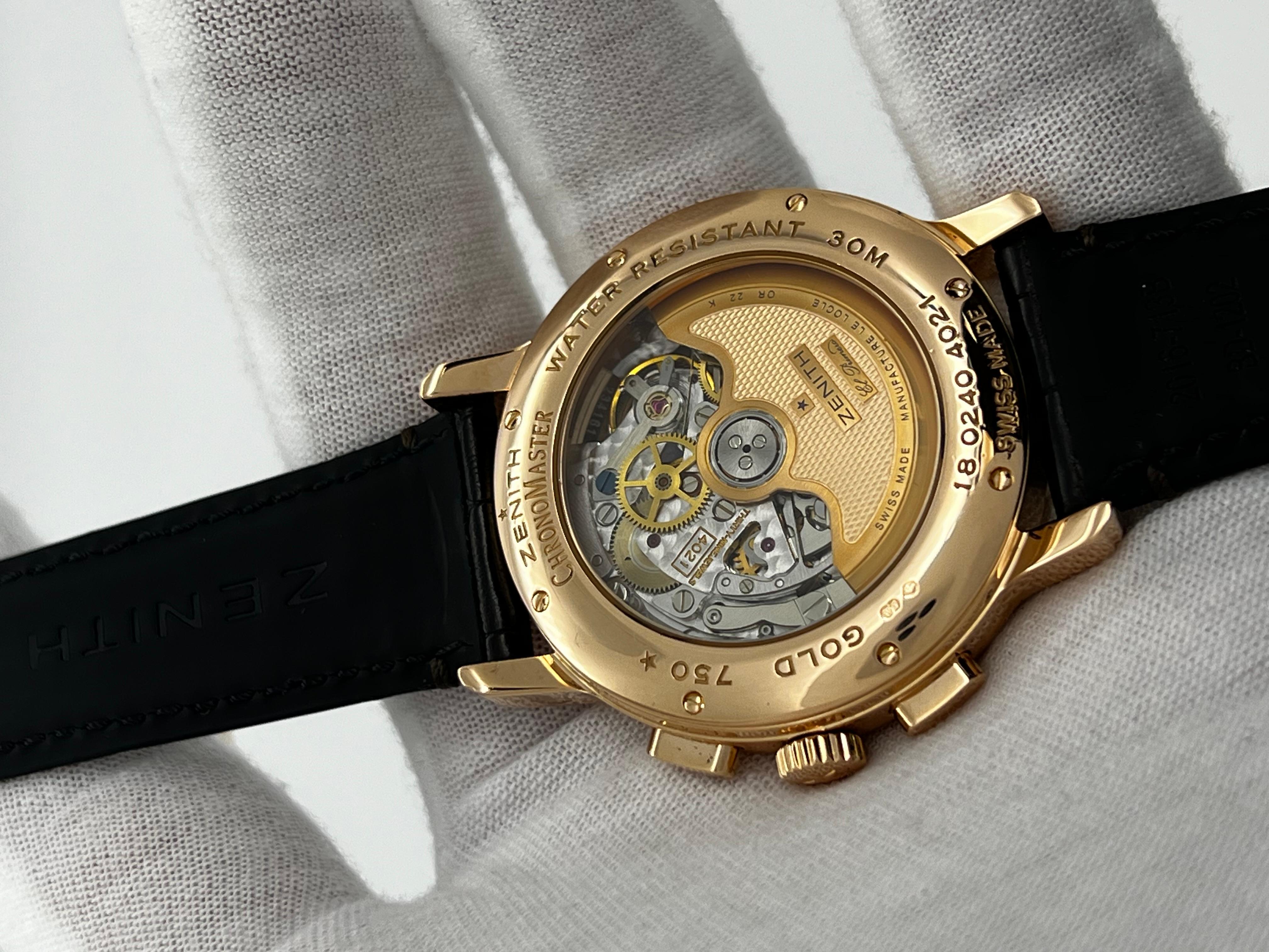 Zenith 18.0240.4021/01.C495 Chronomaster T Open 18K Rose Gold Leather Strap Box For Sale 6