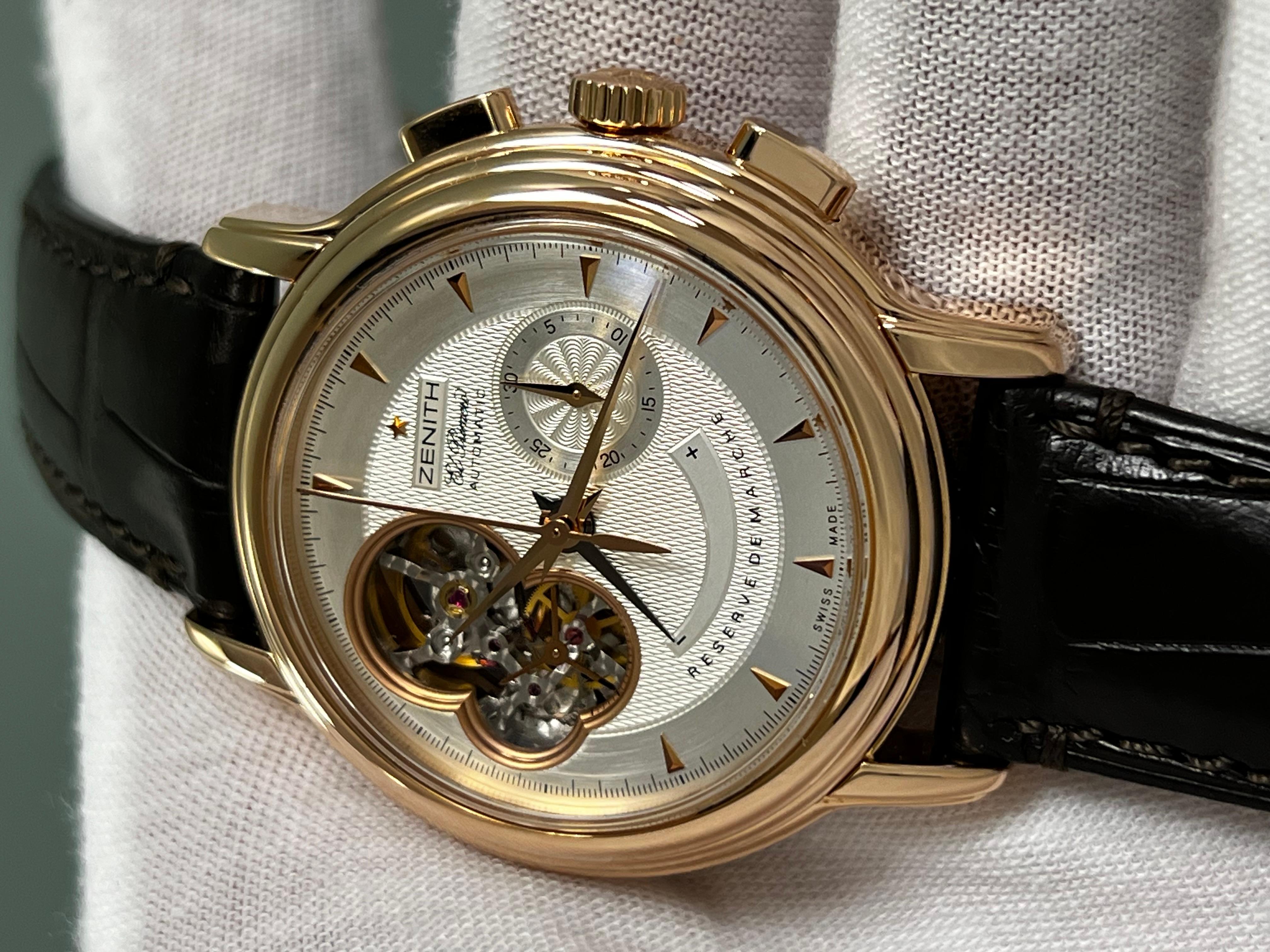 Zenith 18.0240.4021/01.C495 Chronomaster T Open 18K Rose Gold Leather Strap Box In Excellent Condition For Sale In San Diego, CA
