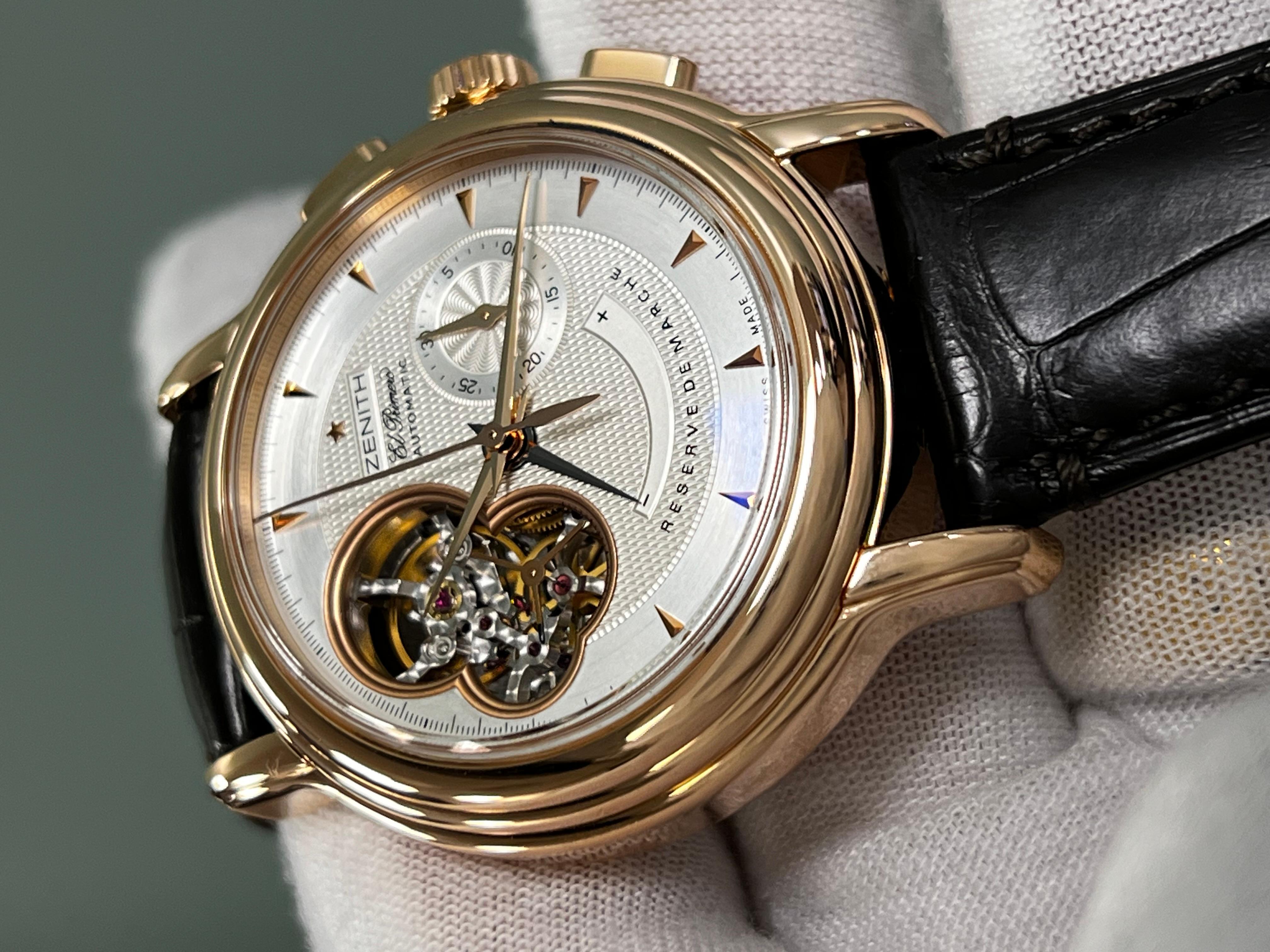 Men's Zenith 18.0240.4021/01.C495 Chronomaster T Open 18K Rose Gold Leather Strap Box For Sale