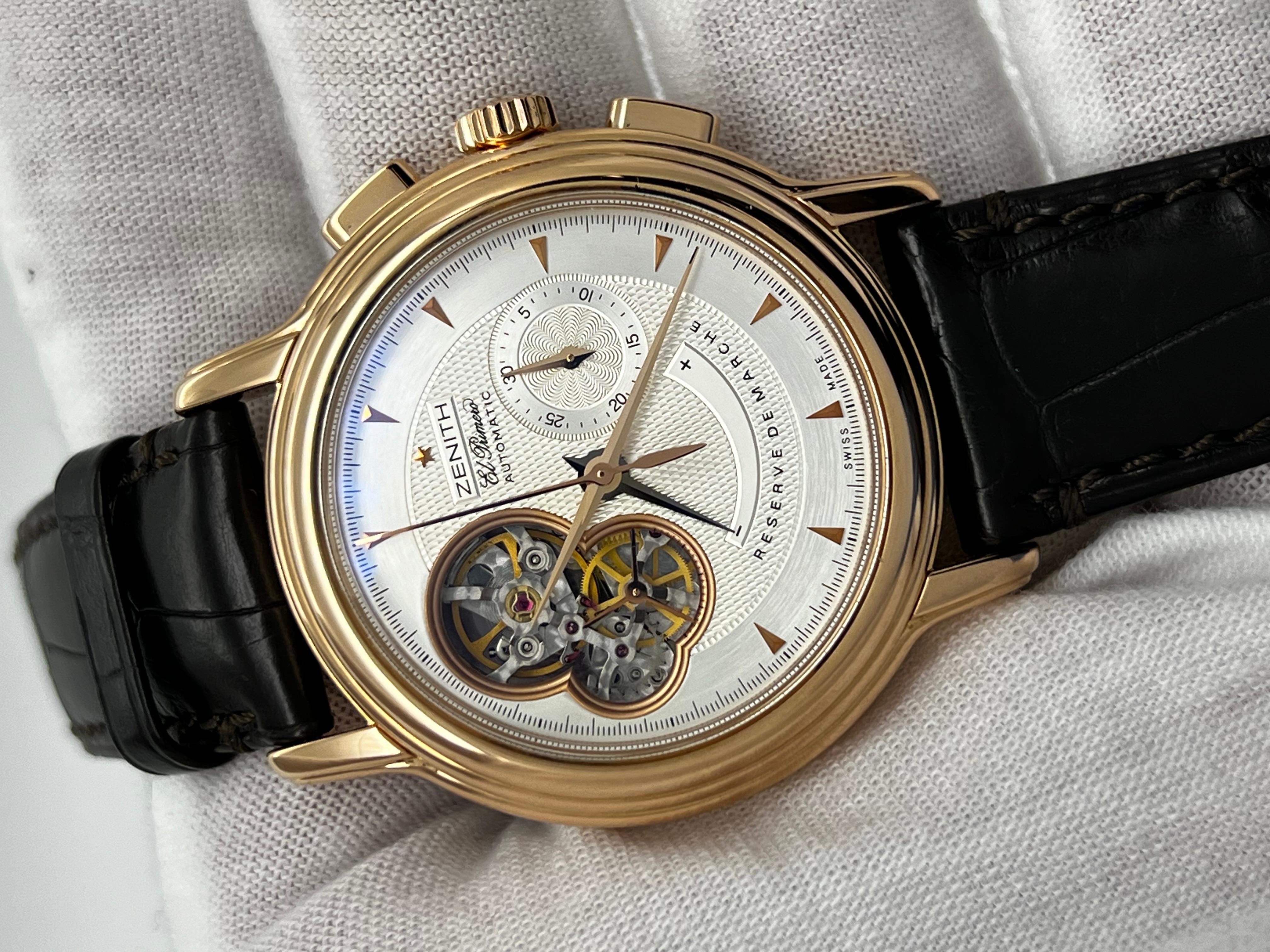 Zenith 18.0240.4021/01.C495 Chronomaster T Open 18K Rose Gold Leather Strap Box For Sale 4