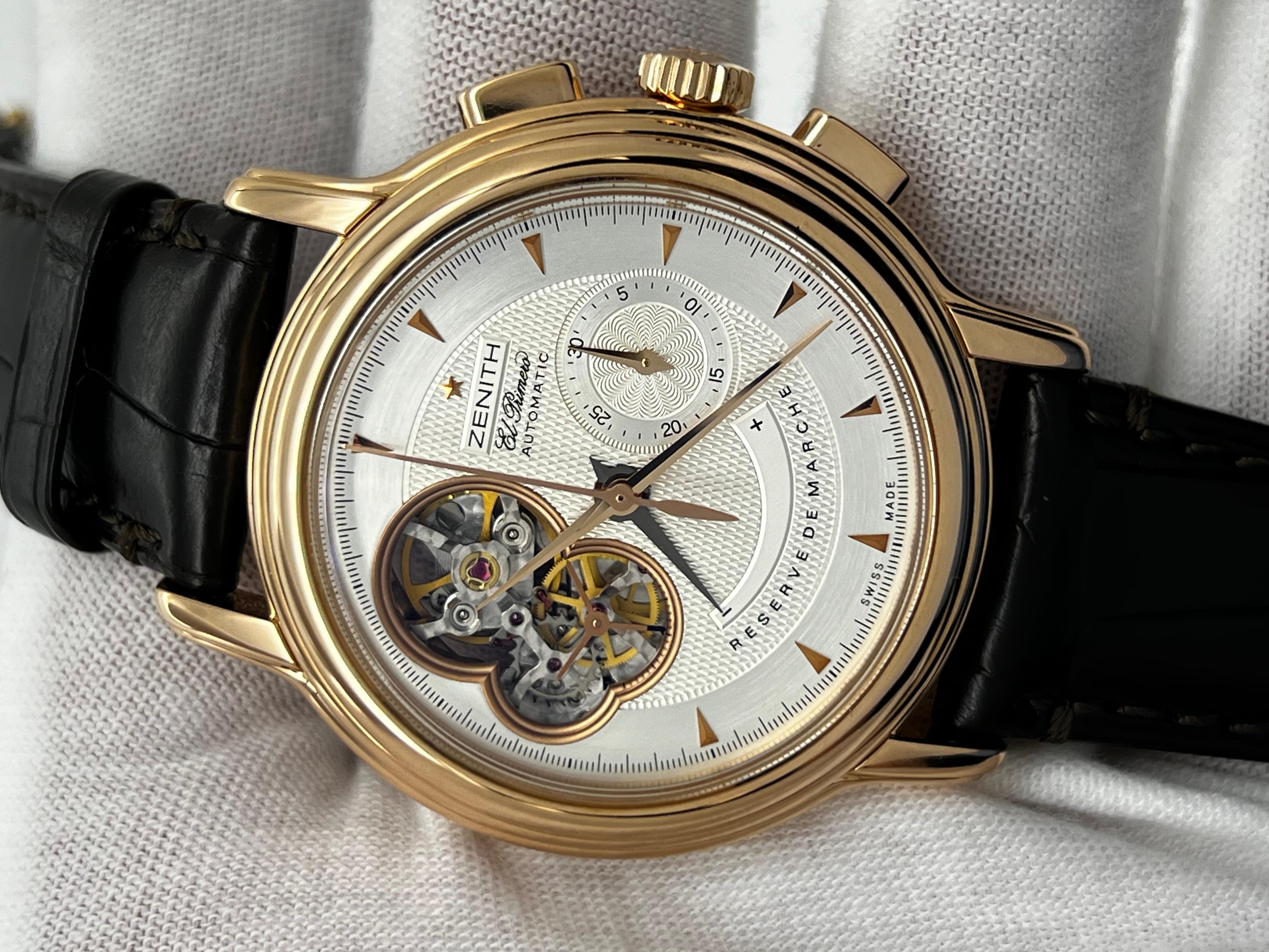 Zenith 18.0240.4021/01.C495 Chronomaster T Open 18K Rose Gold Leather Strap Box For Sale 5