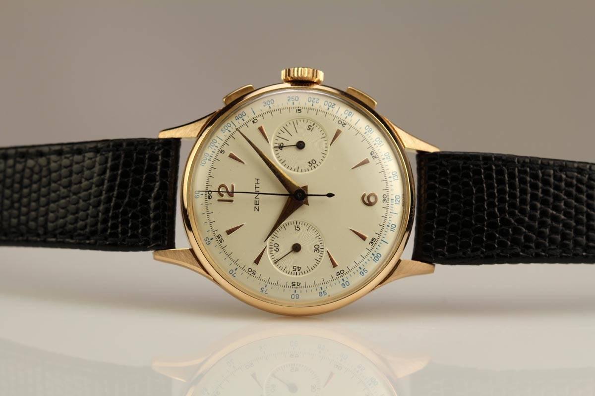Zenith Pink Gold Chronograph Manual Wind Wristwatch, circa 1950 In Excellent Condition In Miami Beach, FL