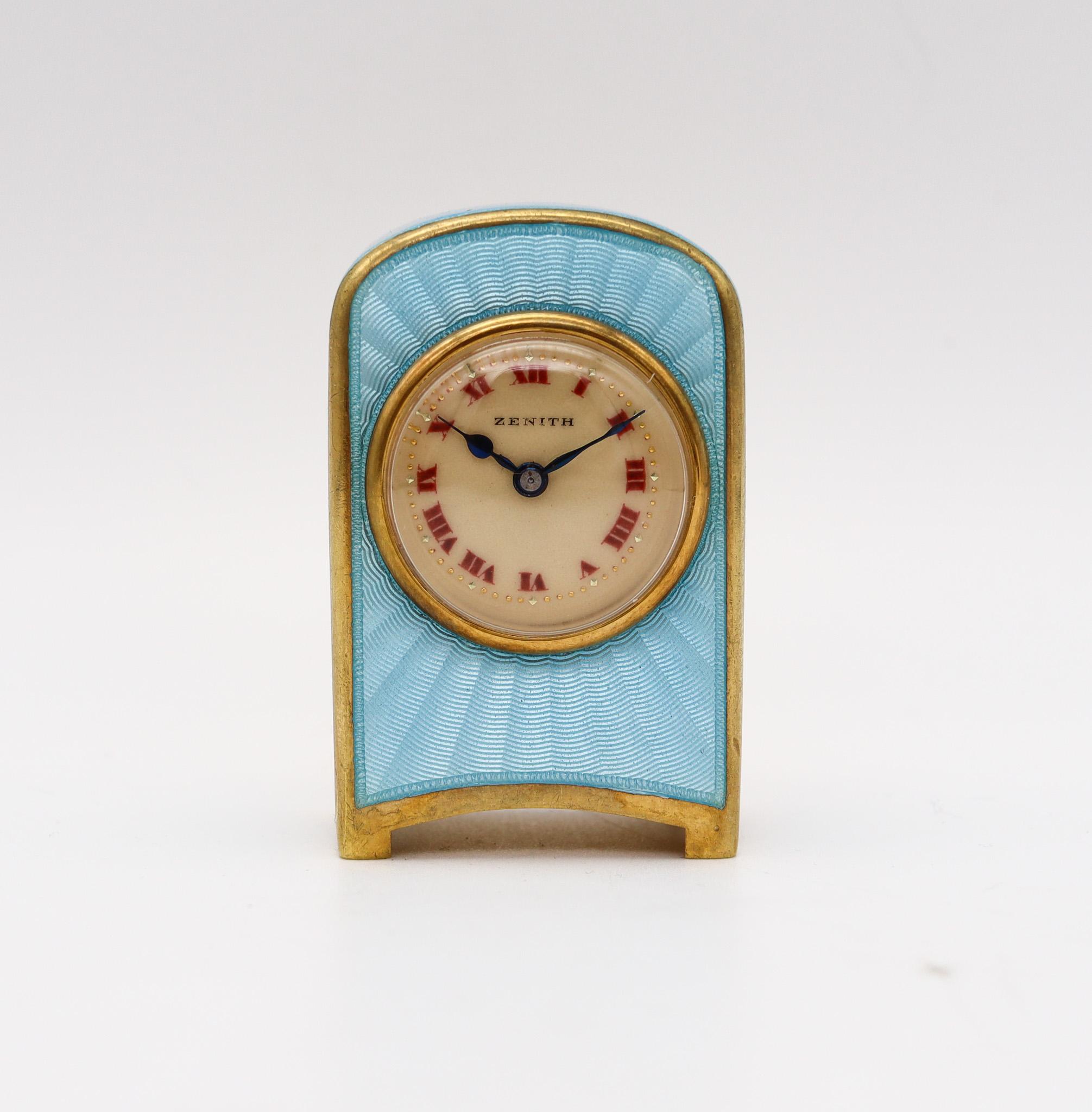 Édouardien Zenith 1910 Edwardian Miniature Travel Clock Guilloché Enamel in Gilt Sterling