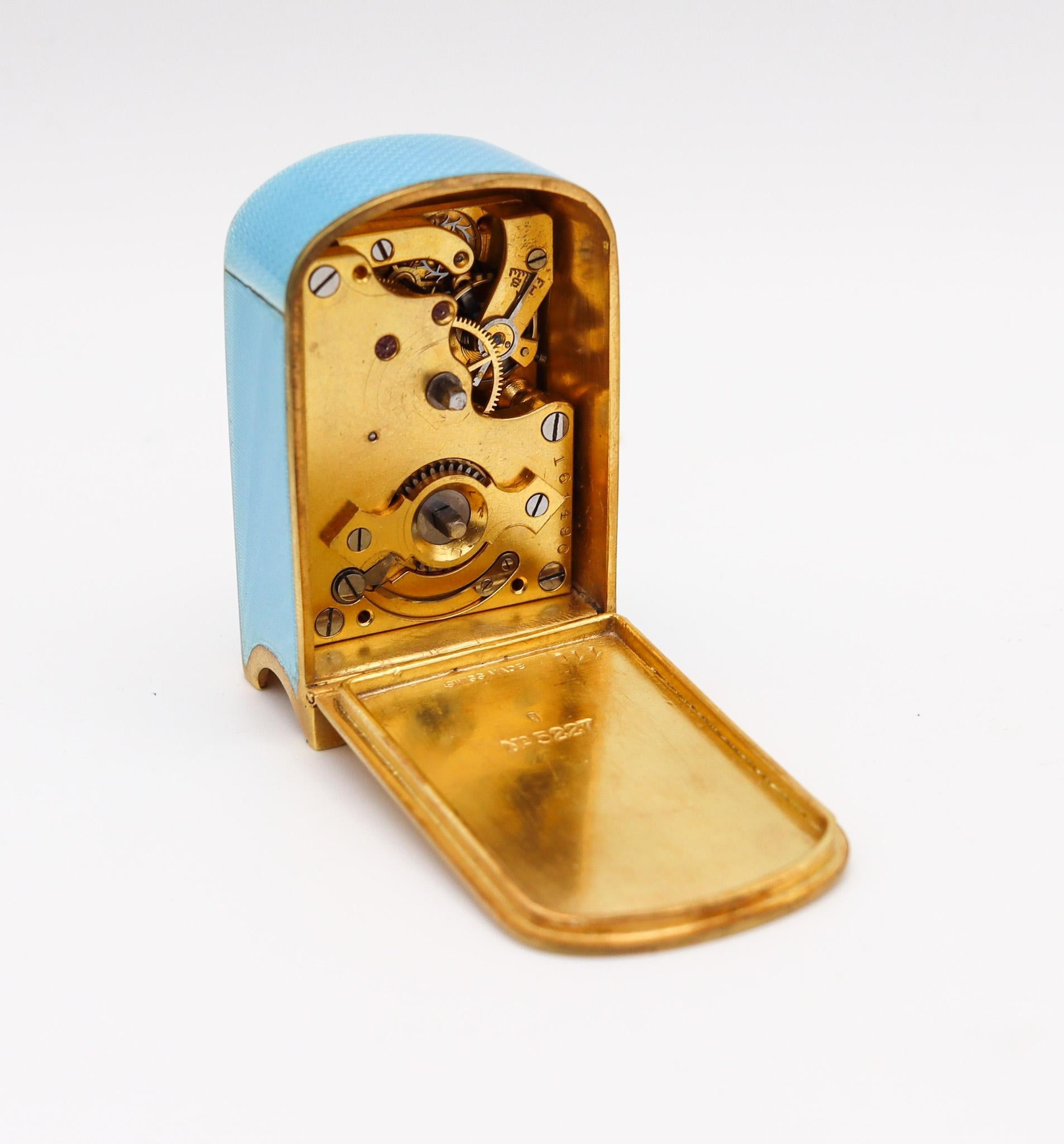 Zenith 1910 Edwardian Miniature Travel Clock Guilloché Enamel in Gilt Sterling In Excellent Condition In Miami, FL