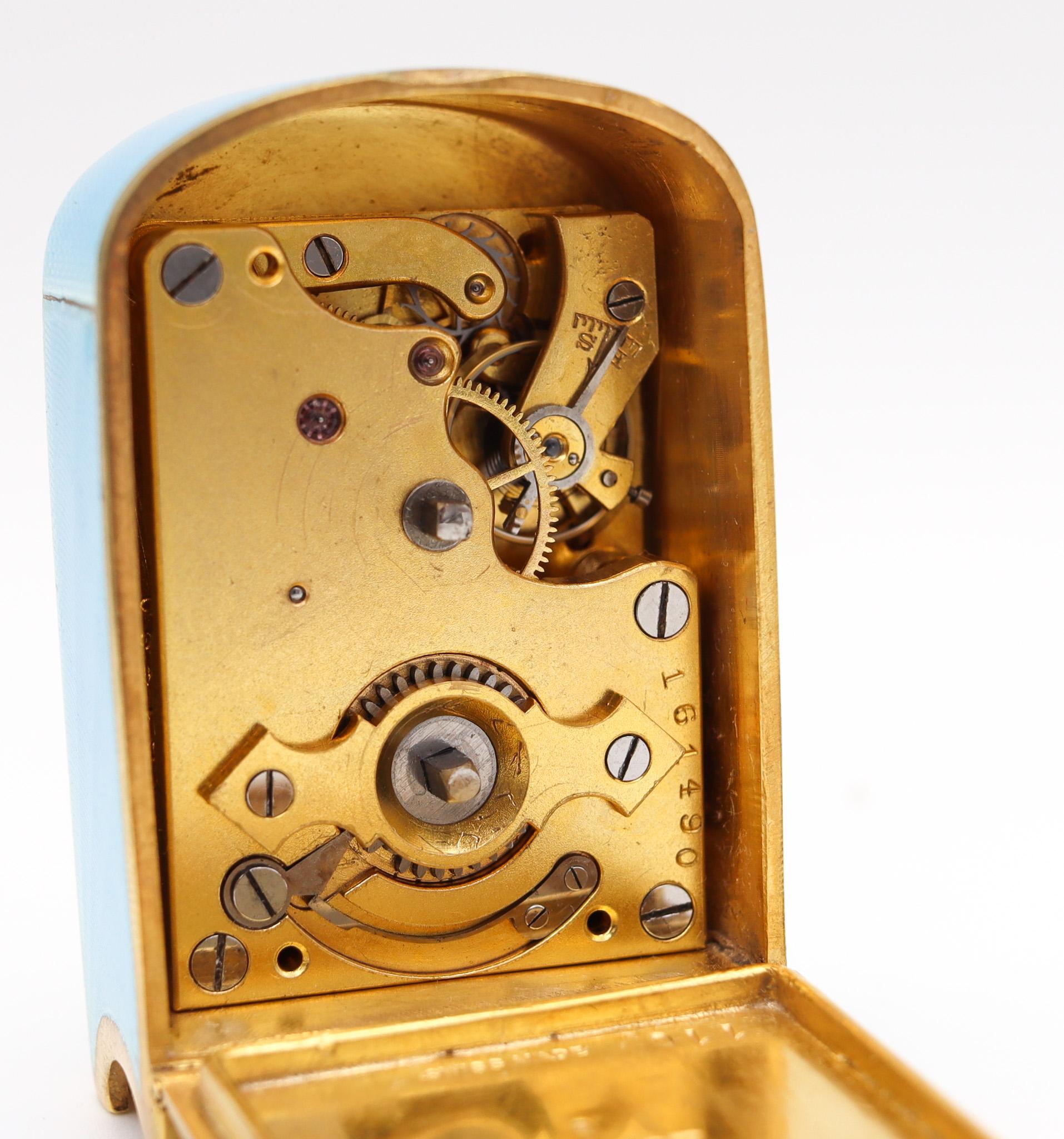 Début du 20ème siècle Zenith 1910 Edwardian Miniature Travel Clock Guilloché Enamel in Gilt Sterling
