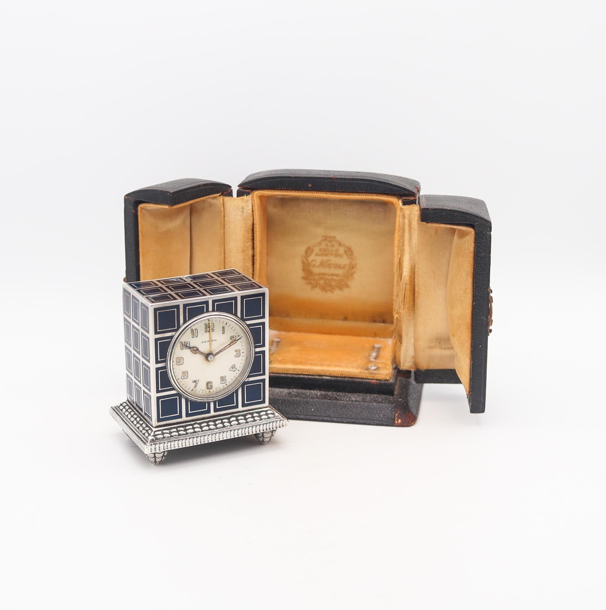ZENITH 1930 Art Deco Enameled Miniature Travel Alarm Clock In .925 Sterling For Sale 4