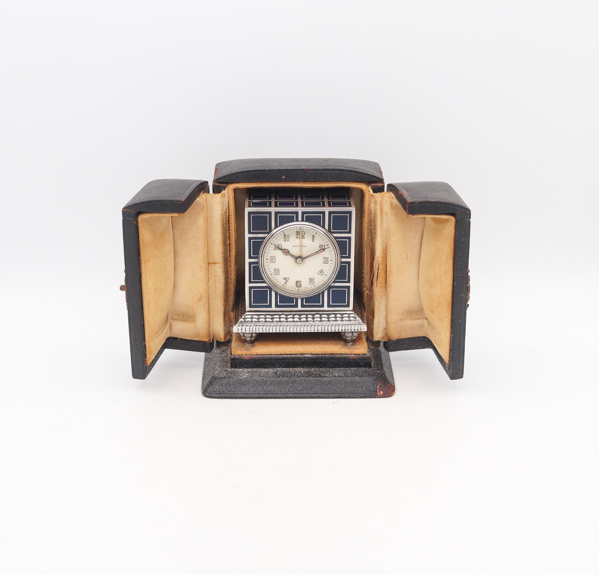 ZENITH 1930 Art Deco Enameled Miniature Travel Alarm Clock In .925 Sterling For Sale 5