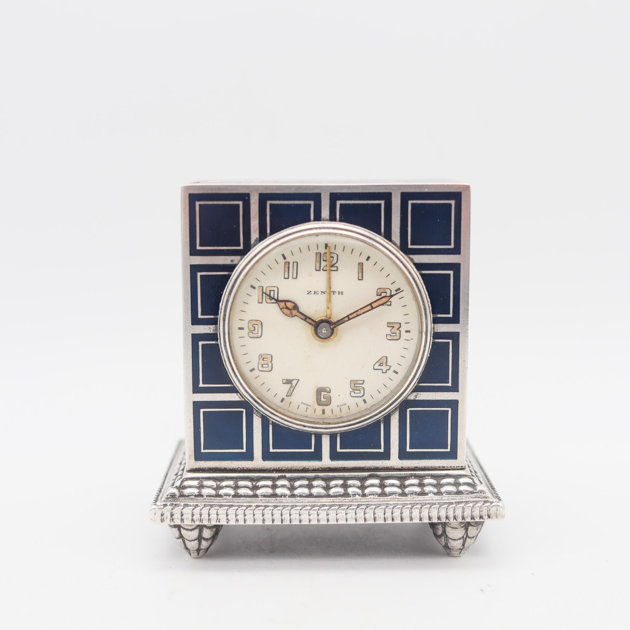 Swiss ZENITH 1930 Art Deco Enameled Miniature Travel Alarm Clock In .925 Sterling For Sale