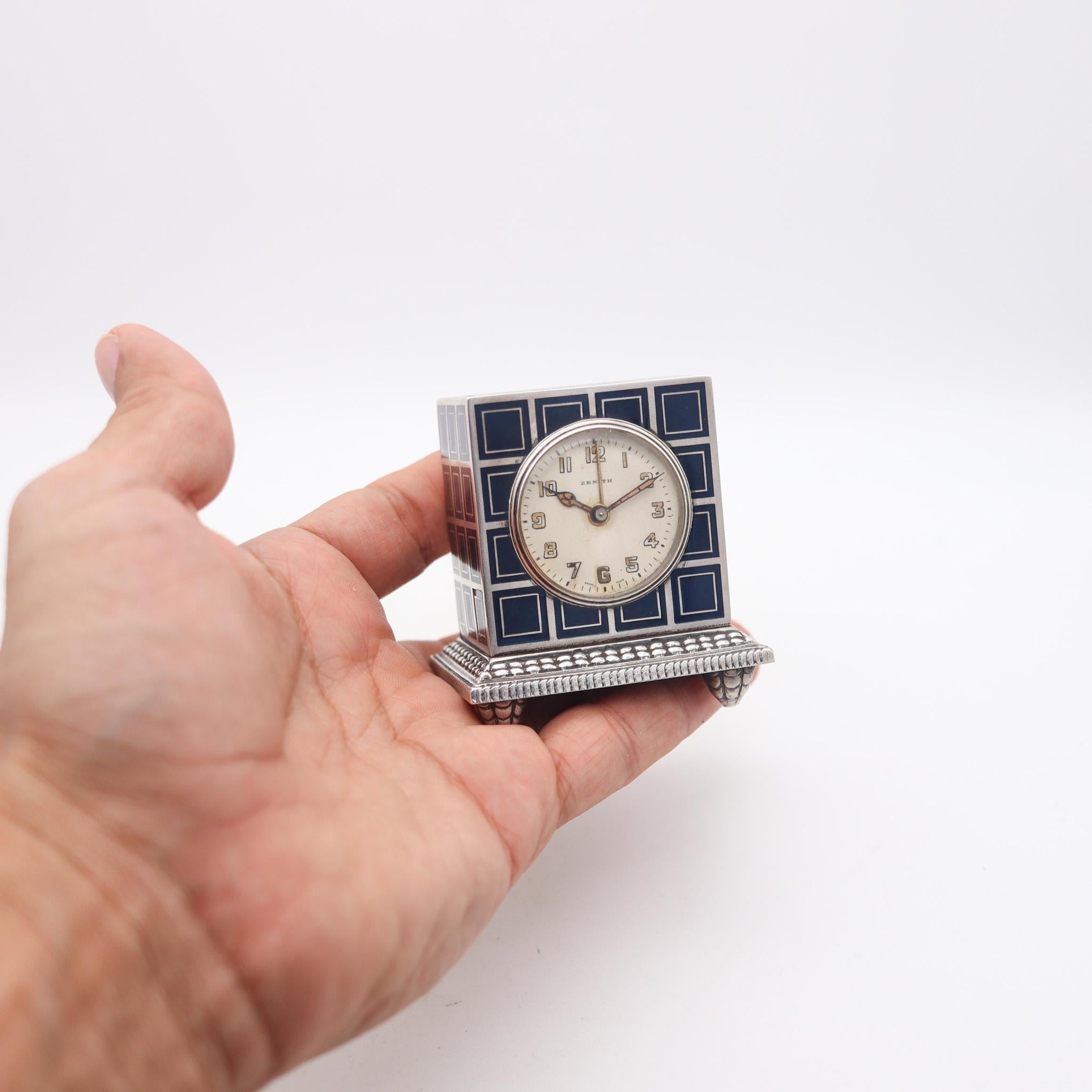 ZENITH 1930 Art Deco Enameled Miniature Travel Alarm Clock In .925 Sterling For Sale 3