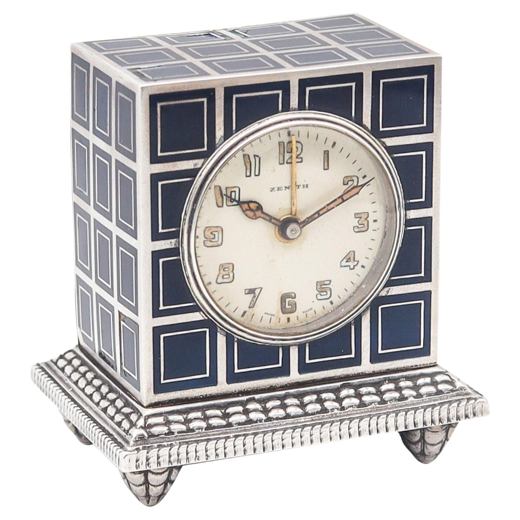 ZENITH 1930 Art Deco Enameled Miniature Travel Alarm Clock In .925 Sterling For Sale