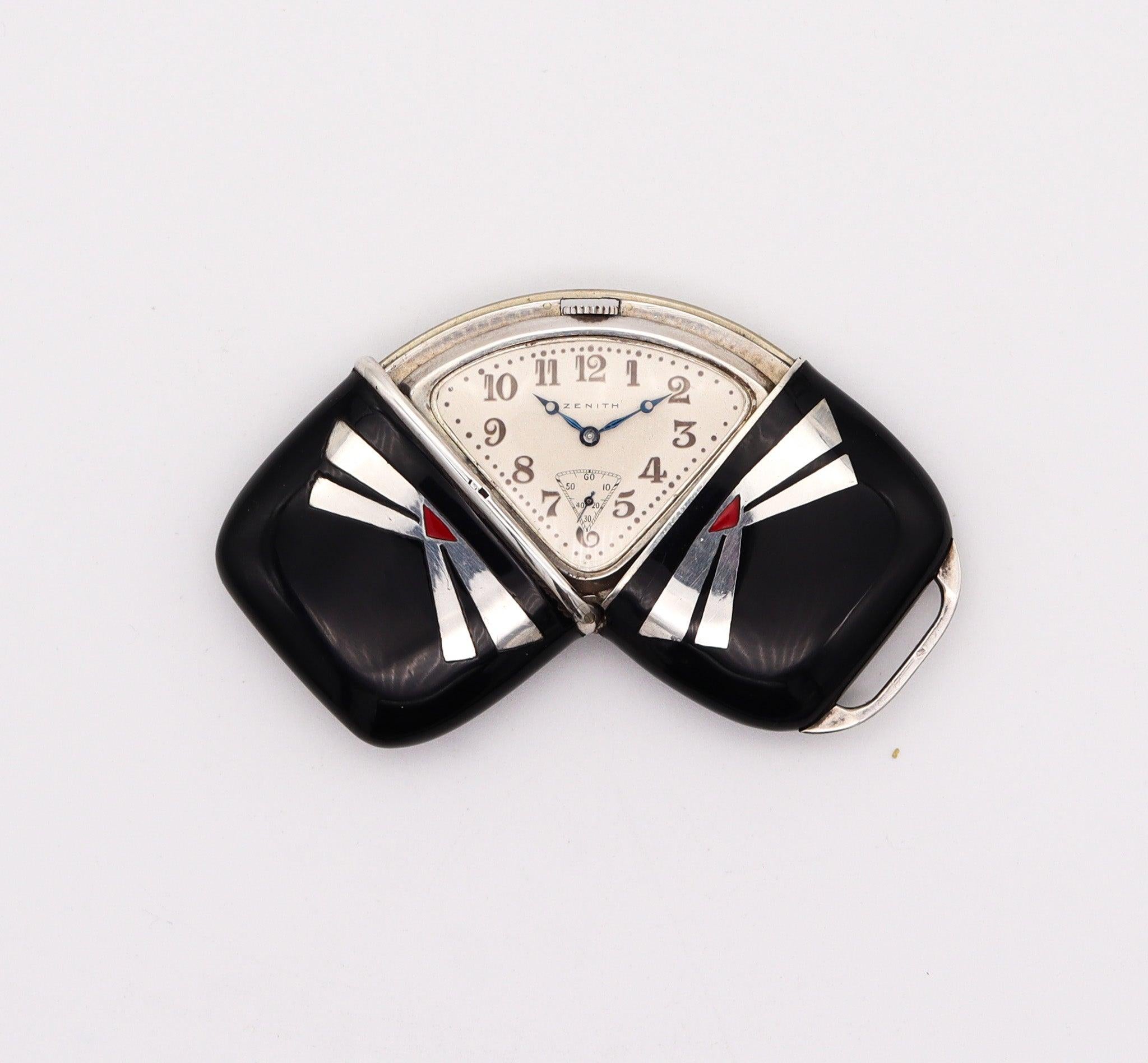 Suisse ZENITH 1930 Art Deco French Enameled Travel-Purse Watch In .900 Sterling Silver en vente