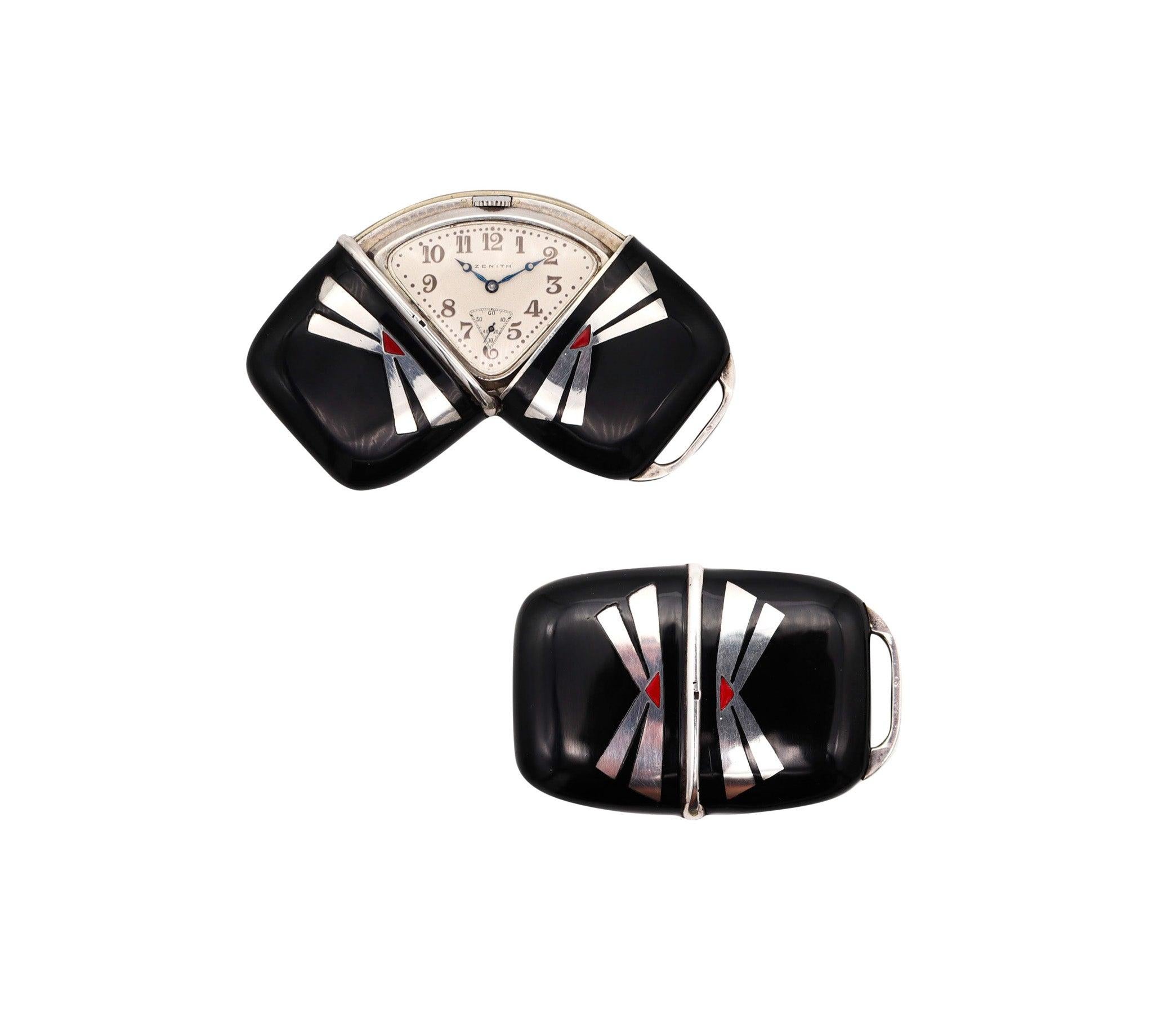 Émaillé ZENITH 1930 Art Deco French Enameled Travel-Purse Watch In .900 Sterling Silver en vente