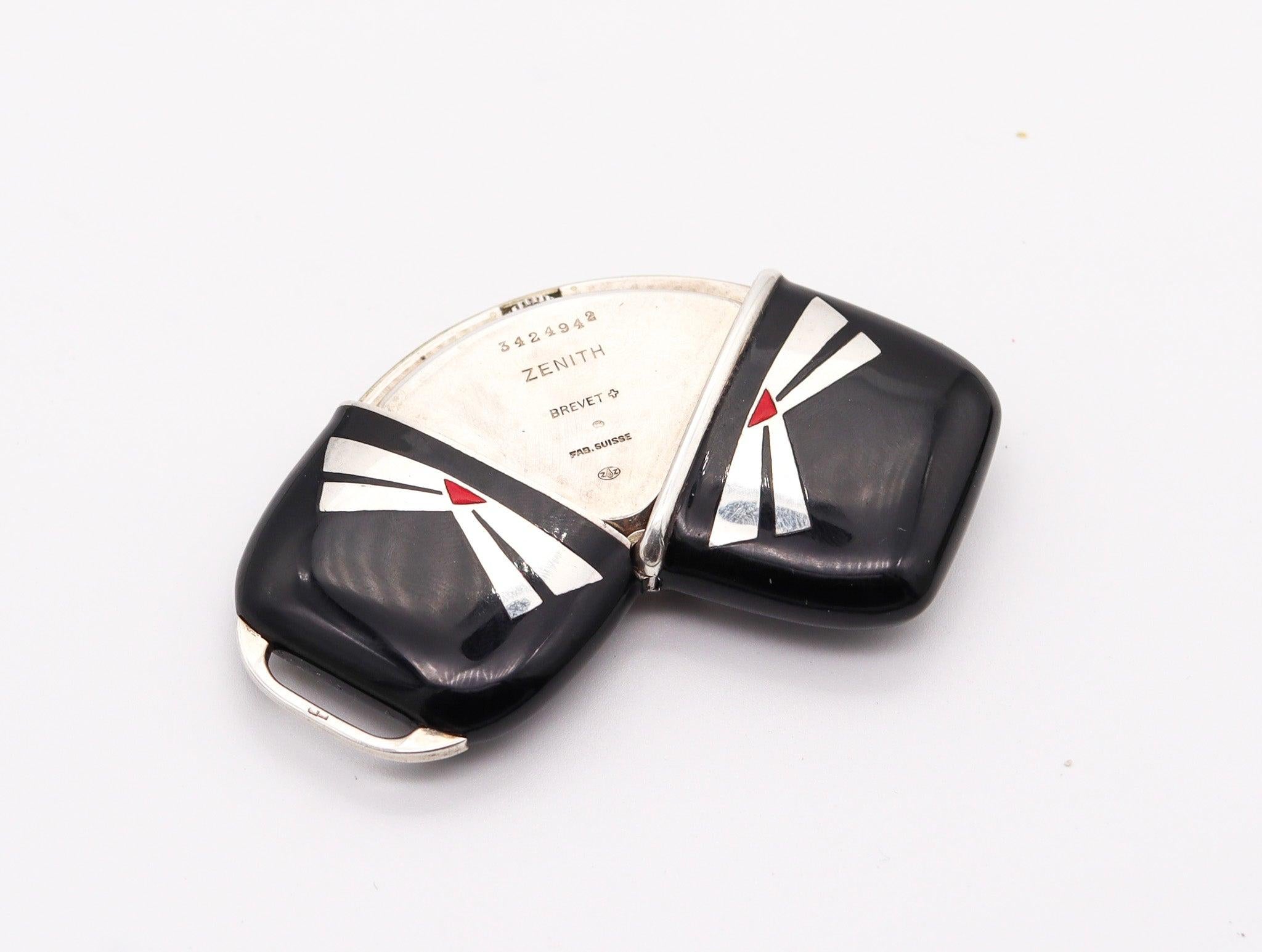 Argent ZENITH 1930 Art Deco French Enameled Travel-Purse Watch In .900 Sterling Silver en vente