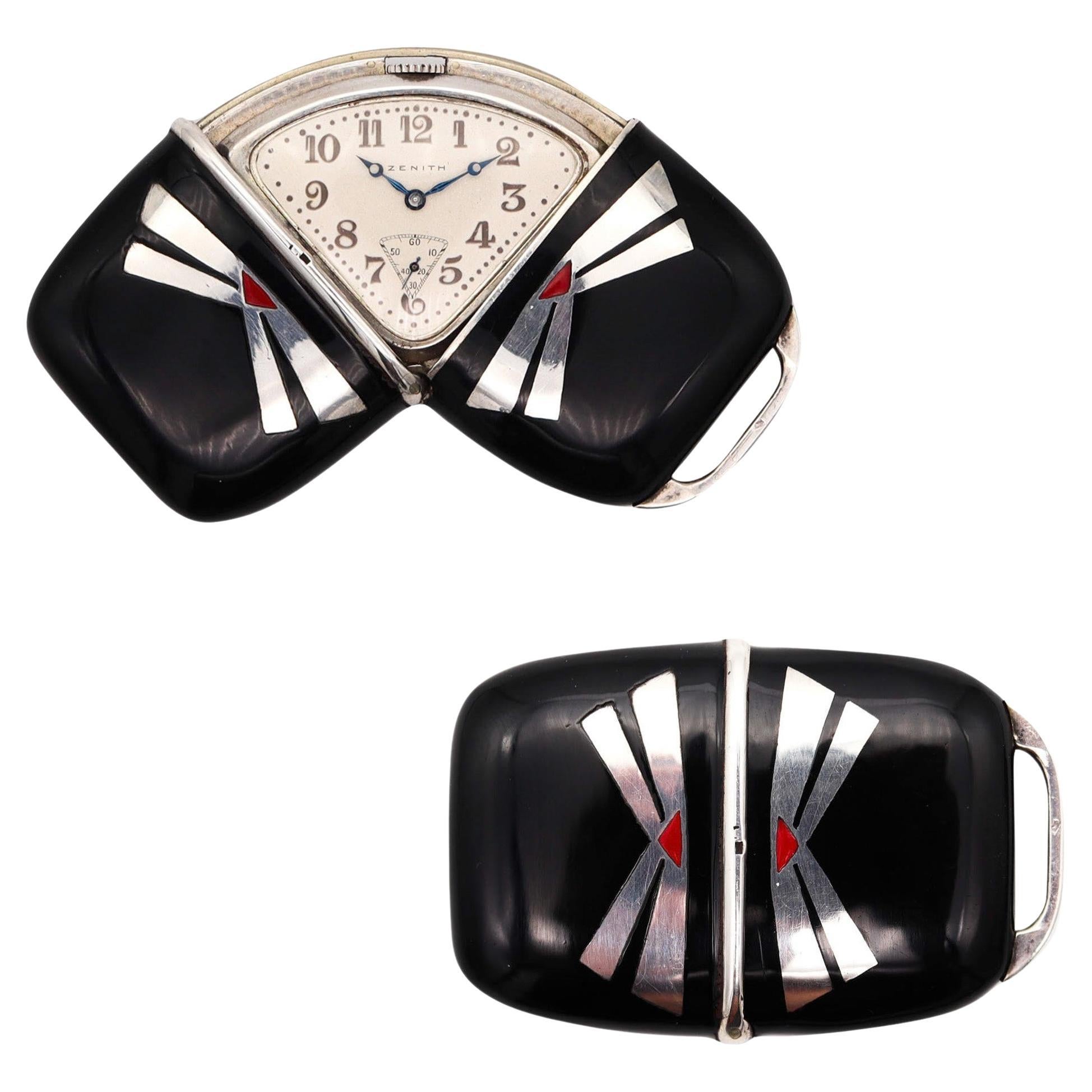 ZENITH 1930 Art Deco Französische emaillierte Reiseuhr in .900 Sterlingsilber, Art déco