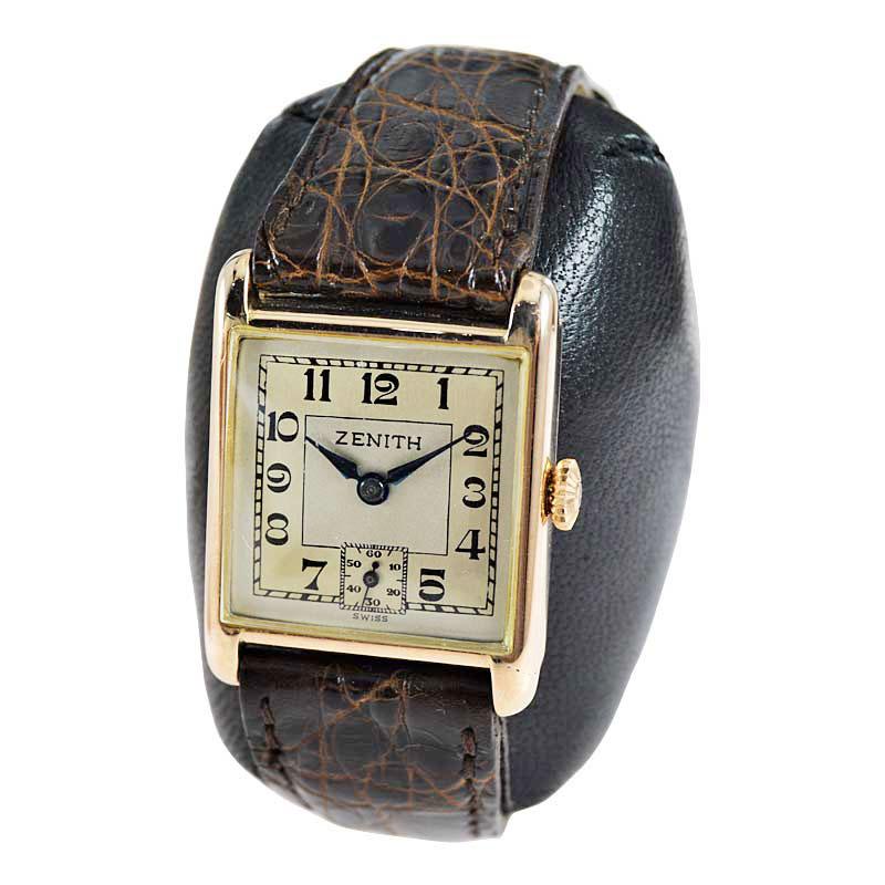 FACTORY / HOUSE: Zenith Watch Company
STYLE / REFERENCE: Square / Art Deco
METAL / MATERIAL: 9kt Rose Gold
CIRCA / YEAR: 1920's
DIMENSIONS / SIZE: Length 31mm X Width 24mm
MOVEMENT / CALIBER: Manual Winding / 17 Jewels 
DIAL / HANDS: Two Tone
