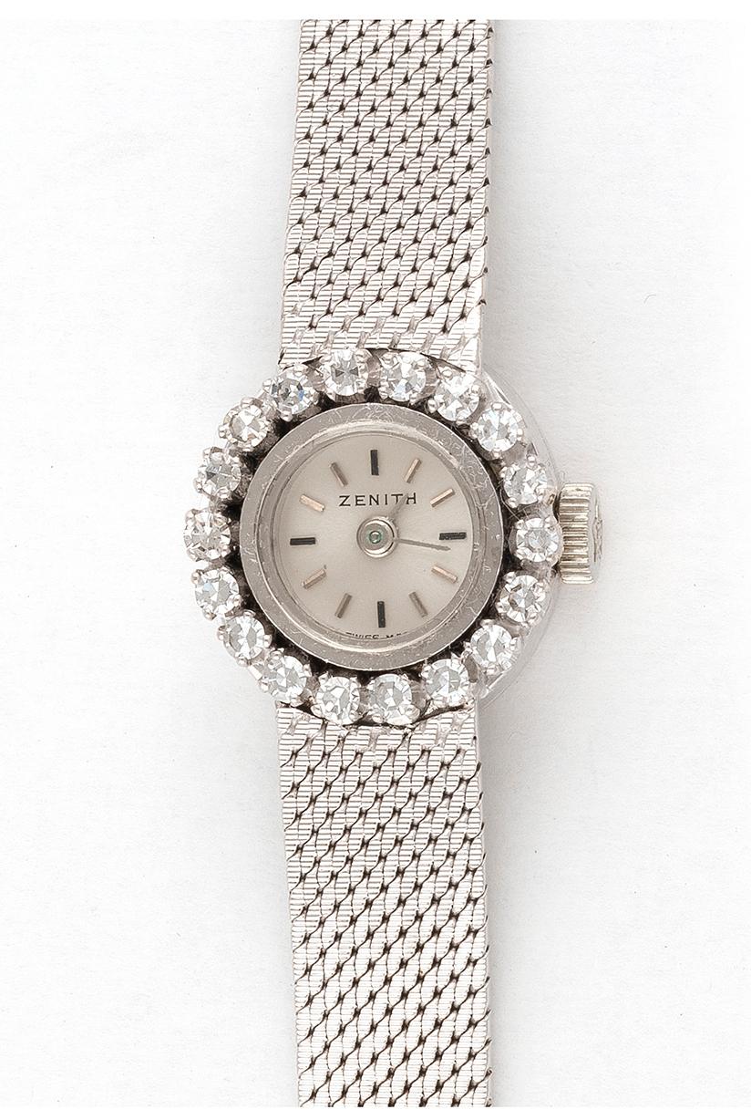 Retro Zenith, a Ladies 18 Carat White Gold and Diamond Set Manual Wind Bracelet Watch