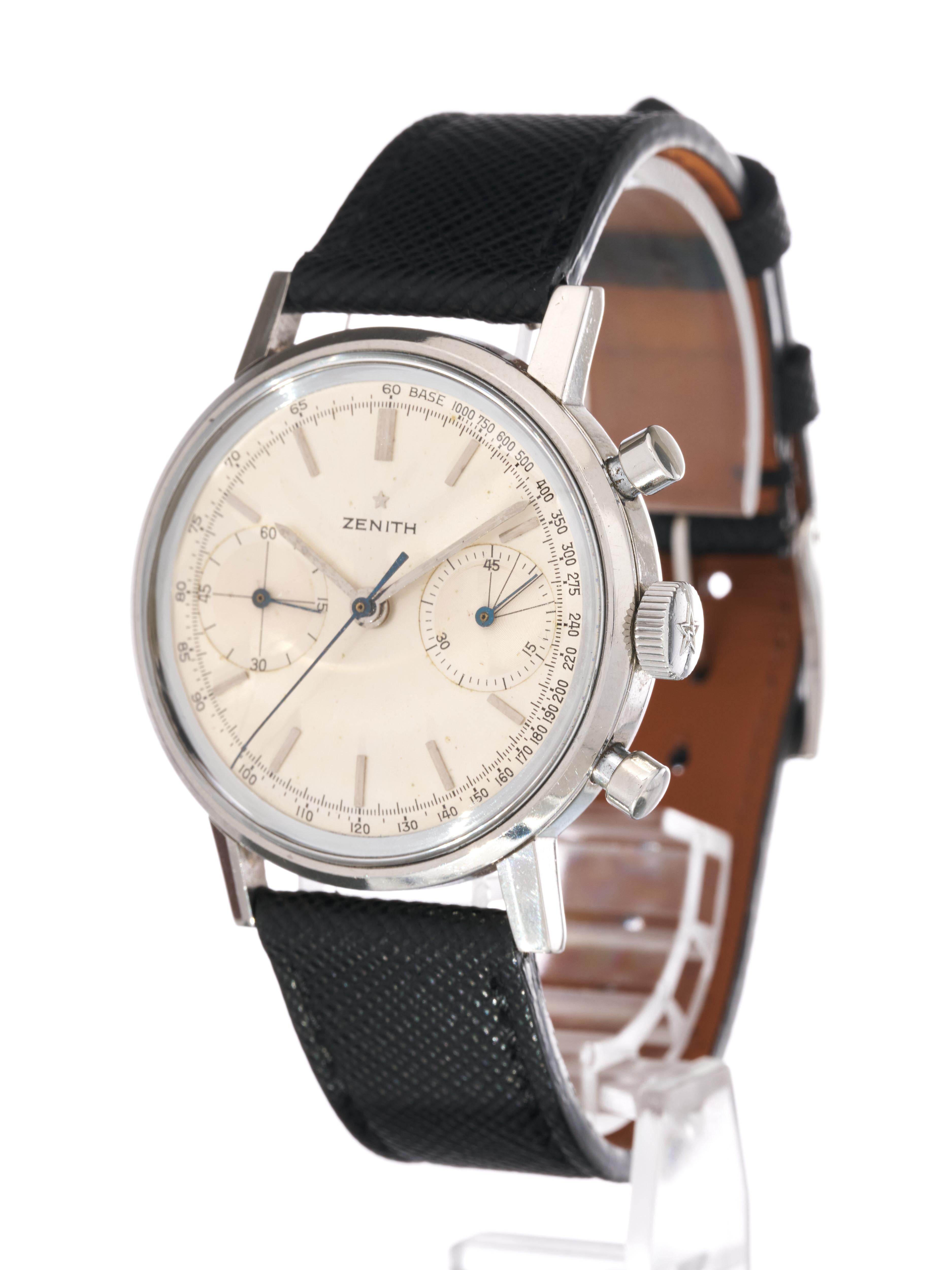 Zenith A271 Chronograph 37.5mm Steel Watch Bicompax White Dial Serviced Vintage en vente 6