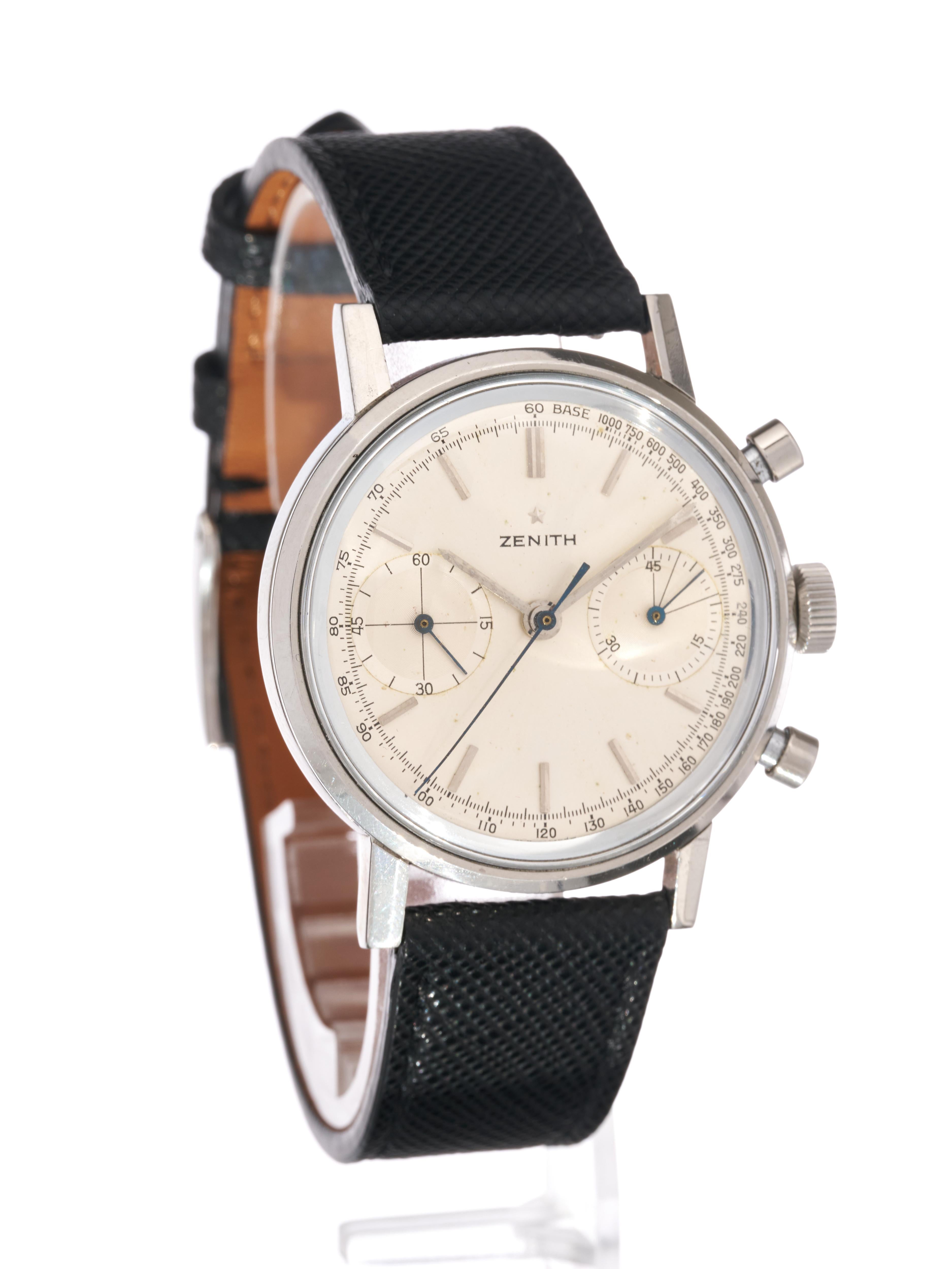 
Zenith A271
Chronographe Bi Compax 

Référence  A2,71

Diamètre du boîtier 37 mm

Cadran bâton argenté

Chronographe

Mouvement Calibre 146D
Vent manuel
Réserve de marche 24Hrs

Fin des années 1960 Vintage By 
Circa 1969

Nous venons de réviser ce