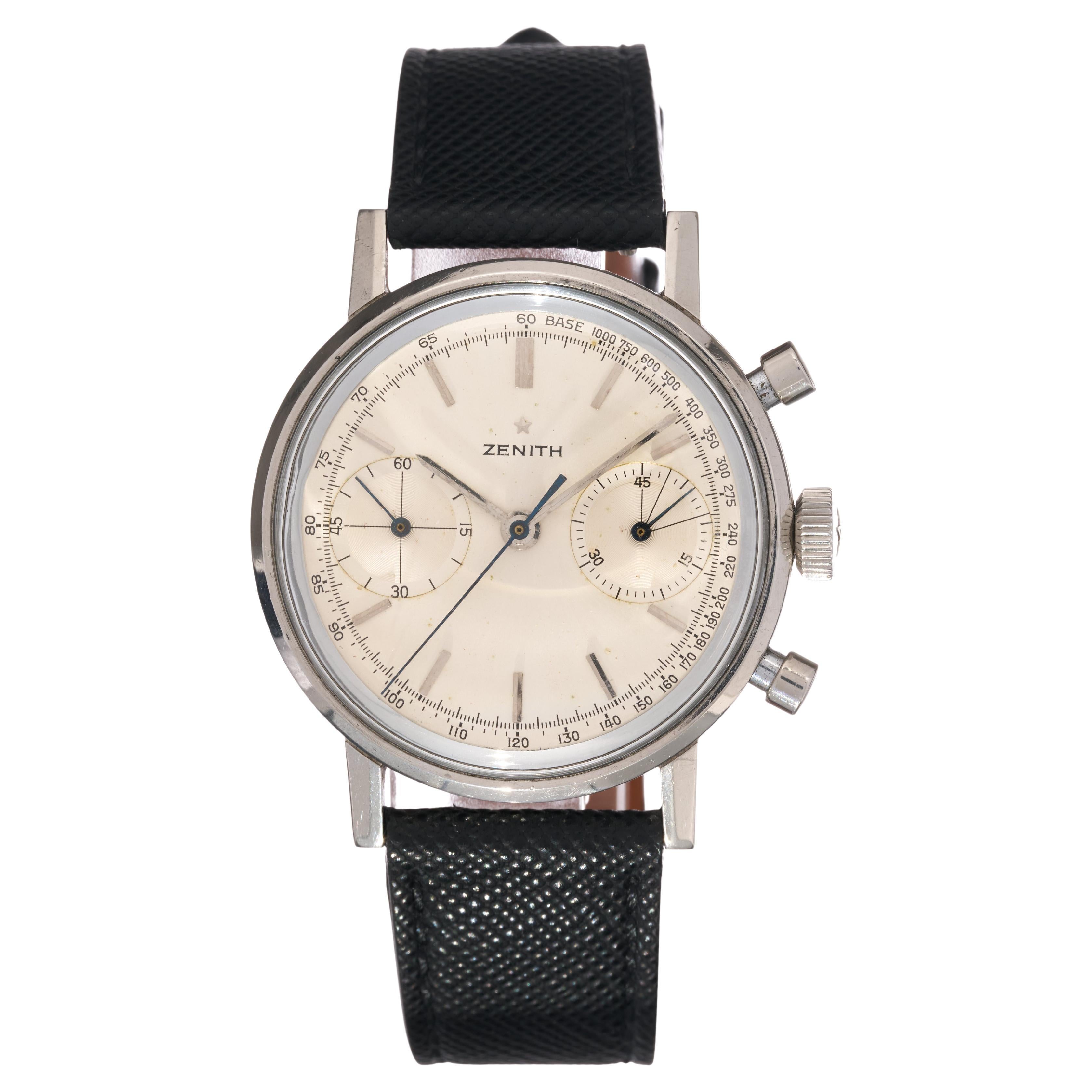 Zenith A271 Chronograph 37.5mm Steel Watch Bicompax White Dial Serviced Vintage en vente